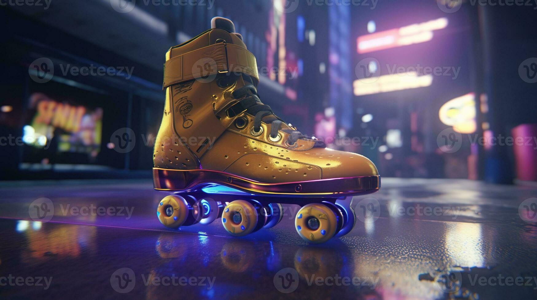 generativo ai, rodillo patinar en cyberpunk estilo, disco nostálgico años 80, años 90 neón noche luces vibrante colores, fotorrealista horizontal ilustración de el futurista ciudad. deporte actividad concepto.. foto