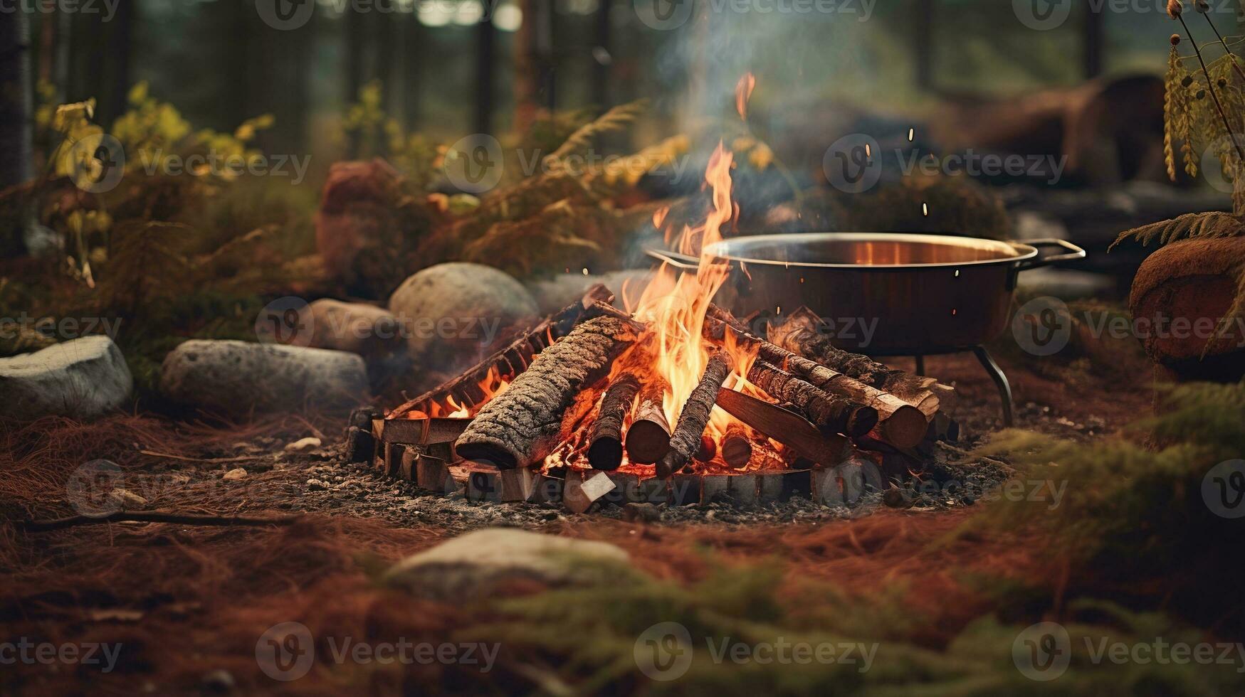 Generative AI, Burning bonfire in the evening, camping outdoor concept in neutral muted colors, tourist camp photo