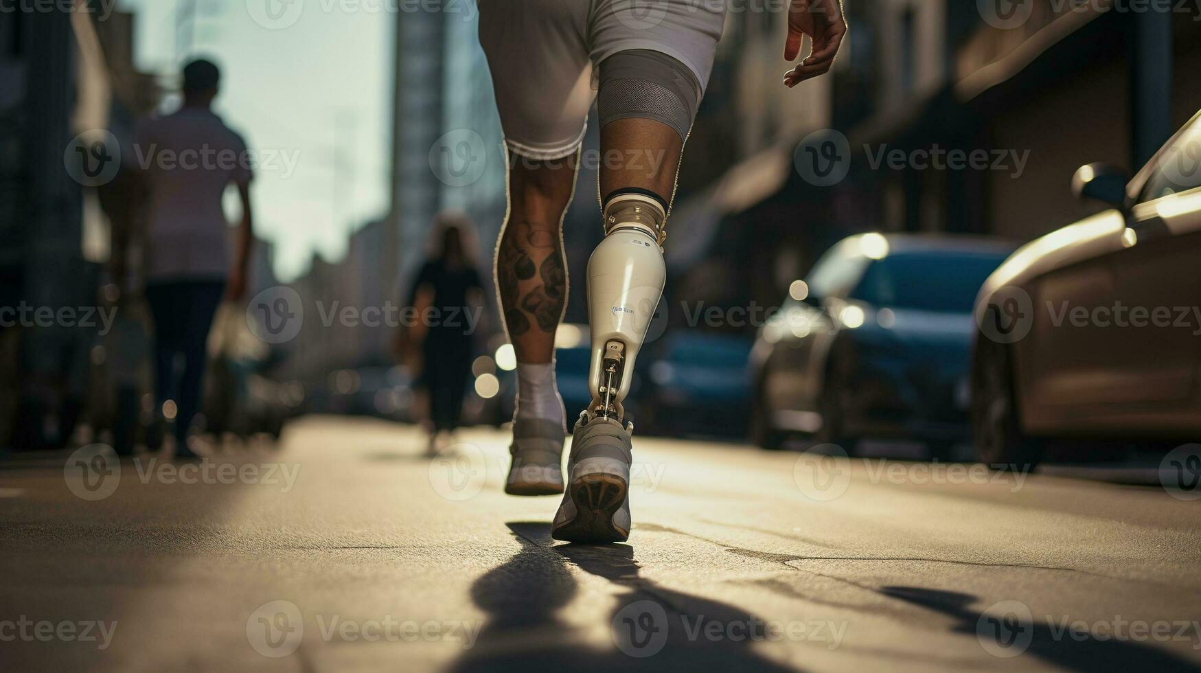 Generative AI, person with disability, prosthetic limb running and does not feel obstacles, photo