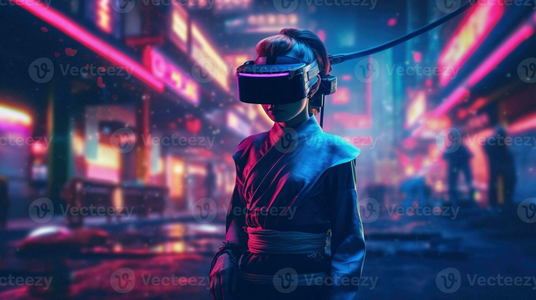 Generative AI, beautiful asian person in samurai suit in VR glasses in neon space street, virtual reality headset in cyberspace photo