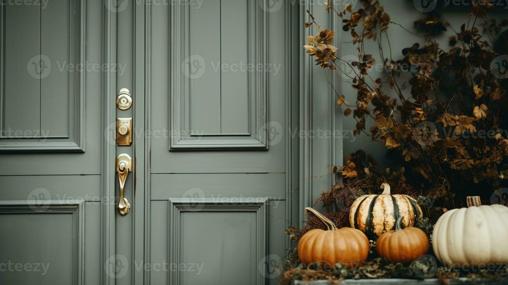 Generative AI, Halloween and Thanksgiving decoration for home and celebration concept, pumpkins and plants, autumn background photo