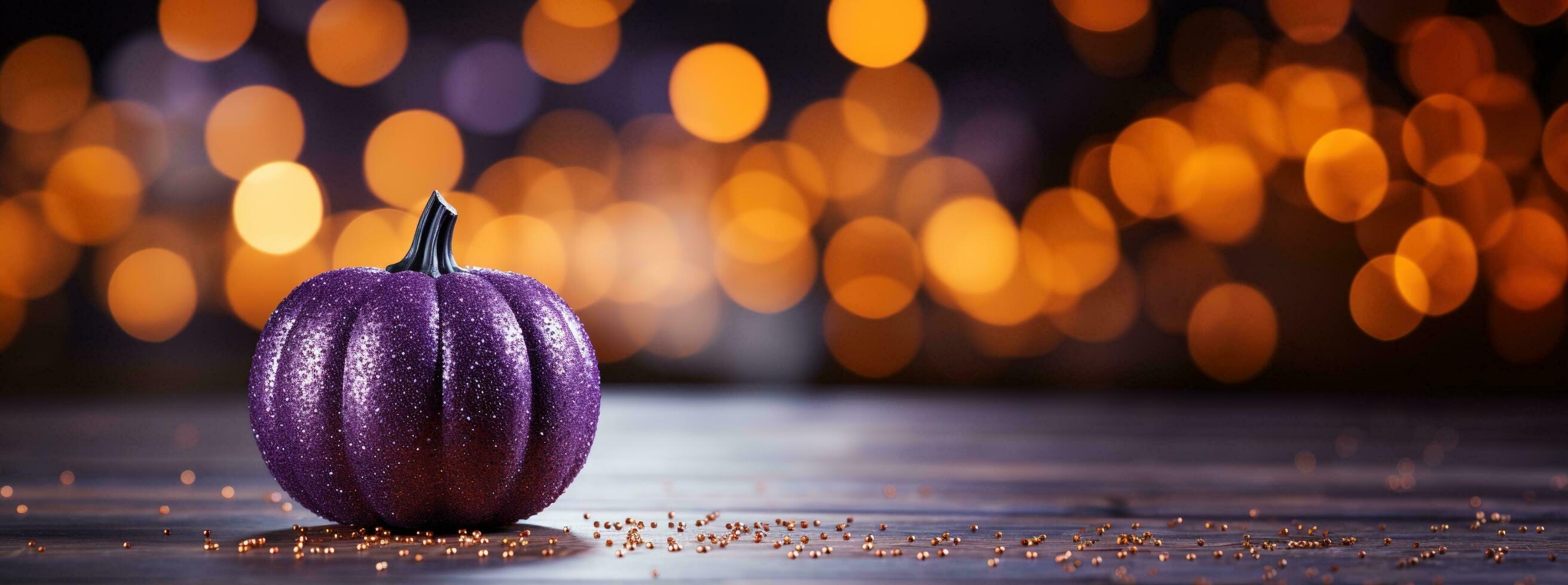 Generative AI, Halloween glitter background with pumpkin. Orange and violet colors, holiday concept with copy space photo