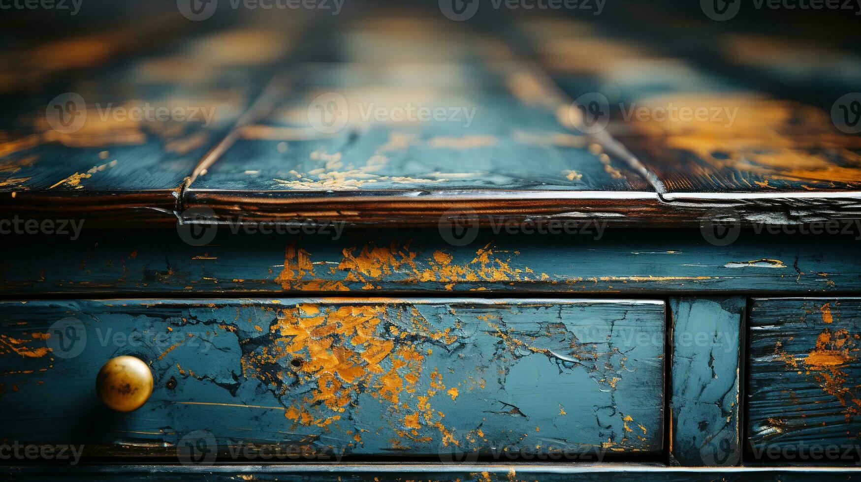 Generative AI, old dresser wooden texture. Blue, turquoise, yellow and orange colors. Vintage grunge background photo