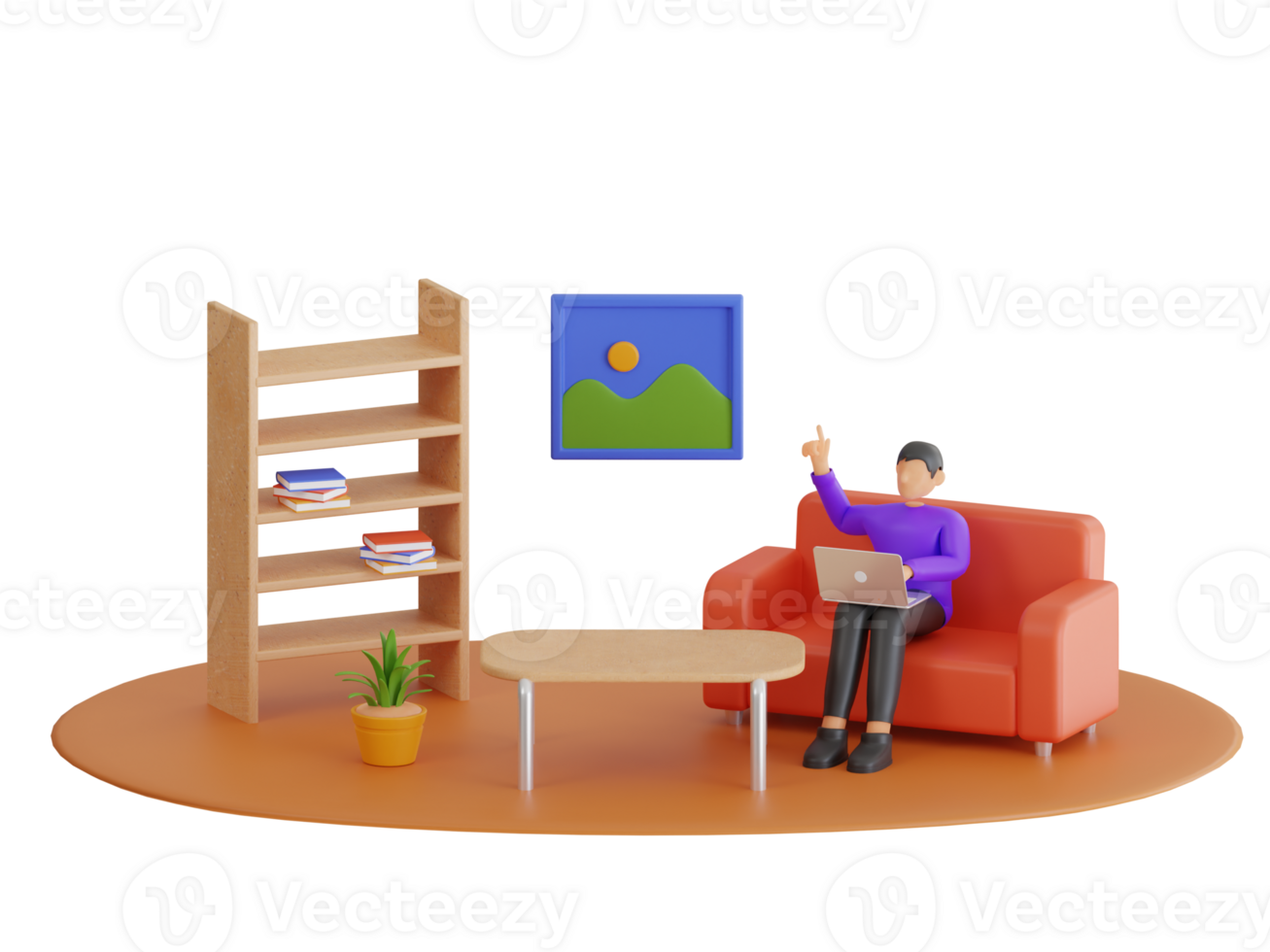 3d illustration av frilansare arbetssätt på Hem med bärbar dator. internet marknadsföring, frilans arbete, arbetssätt från Hem, uppkopplad inlärning, studerar. png