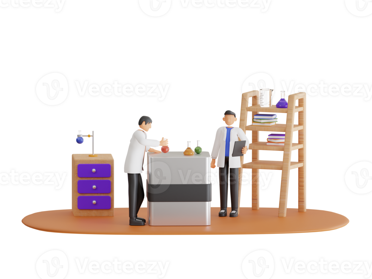 Laboratory assistants work in scientific medical chemical.  laboratory assistants setting chemical experiments and research. 3d illustration png