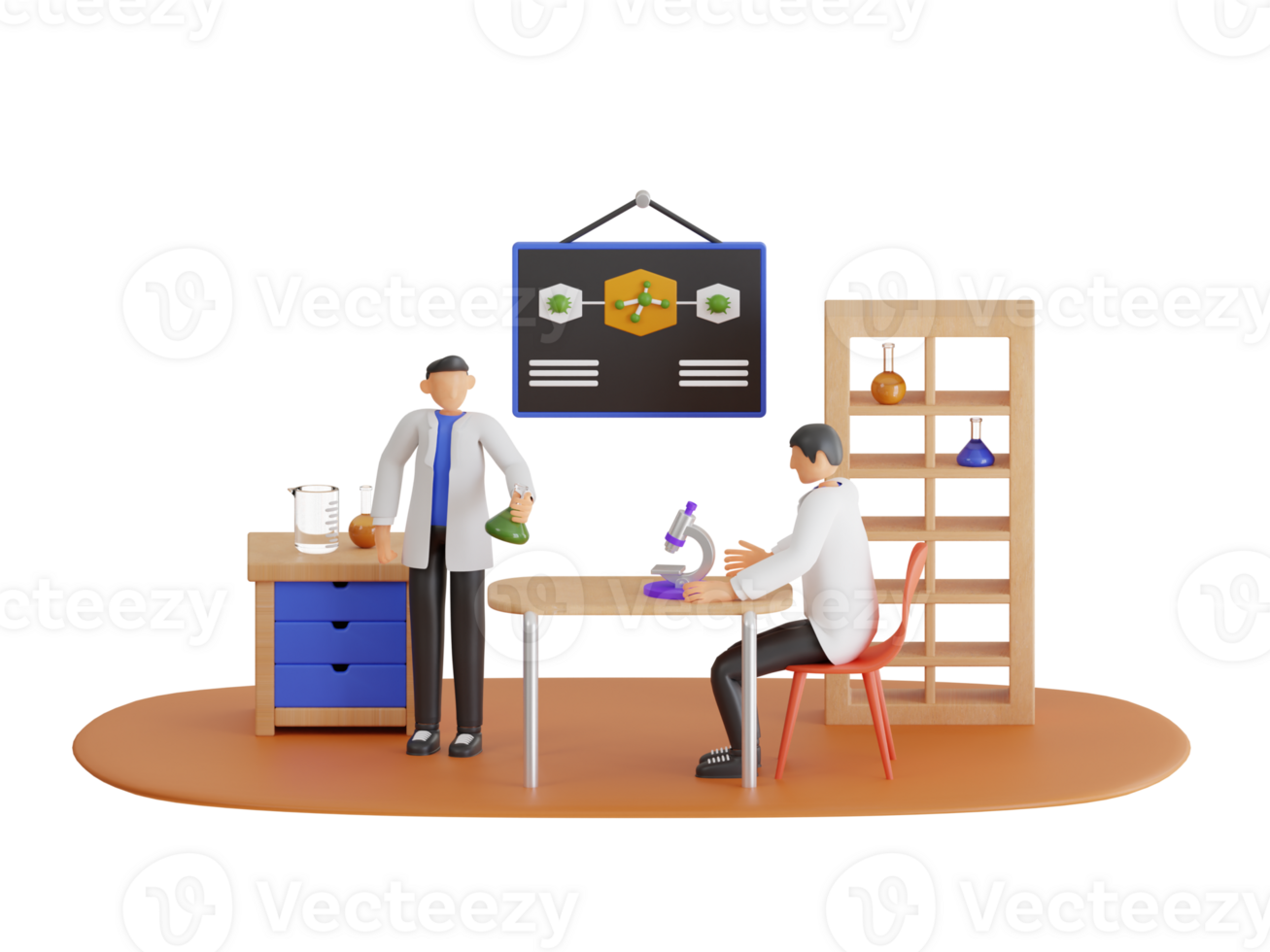 3d illustration av grupp av vetenskapsmän arbetssätt på de laboratorium. forskare team arbetssätt tillsammans forskare i enhetlig framställning kemisk experiment i laboratorium png