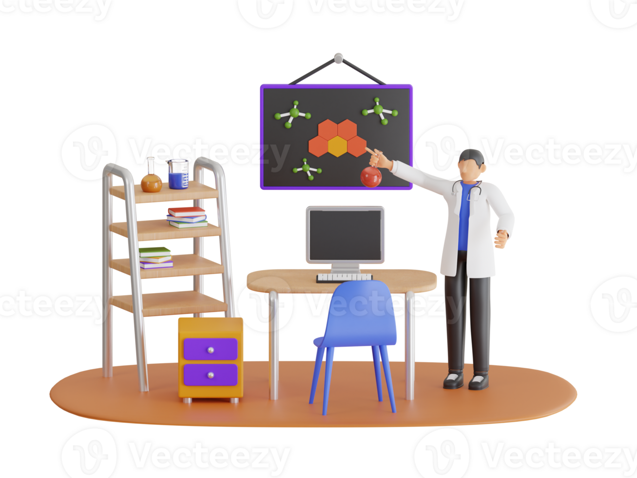 3d illustration of scientist conducting experiments. Doctor doing medical research in lab.  Chemical laboratory substance development. png