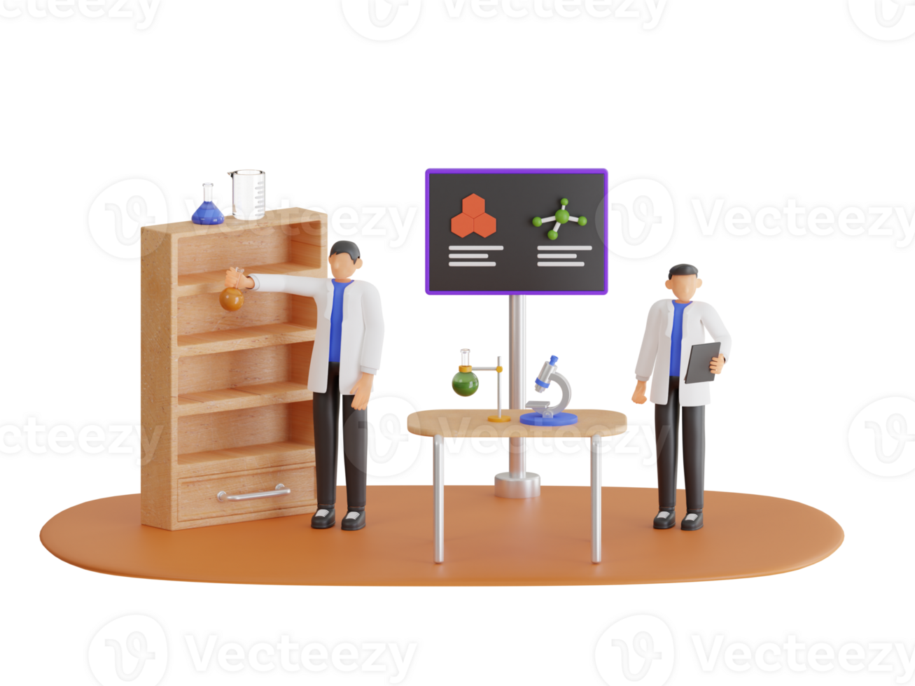 3d illustration of laboratory assistant taking some notes. Laboratory assistant analyzing liquid in test tube. 3d illustration png