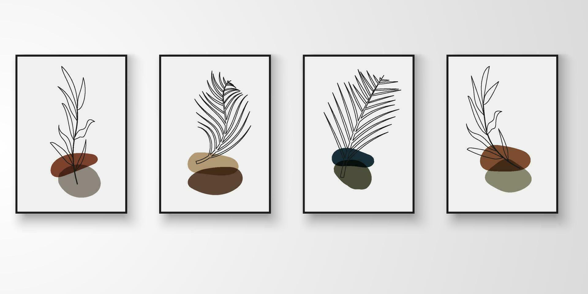 Set of wall art.Foliage line art drawing with abstract organic shape composition earth tone. Leaf, stone art vector illustration.