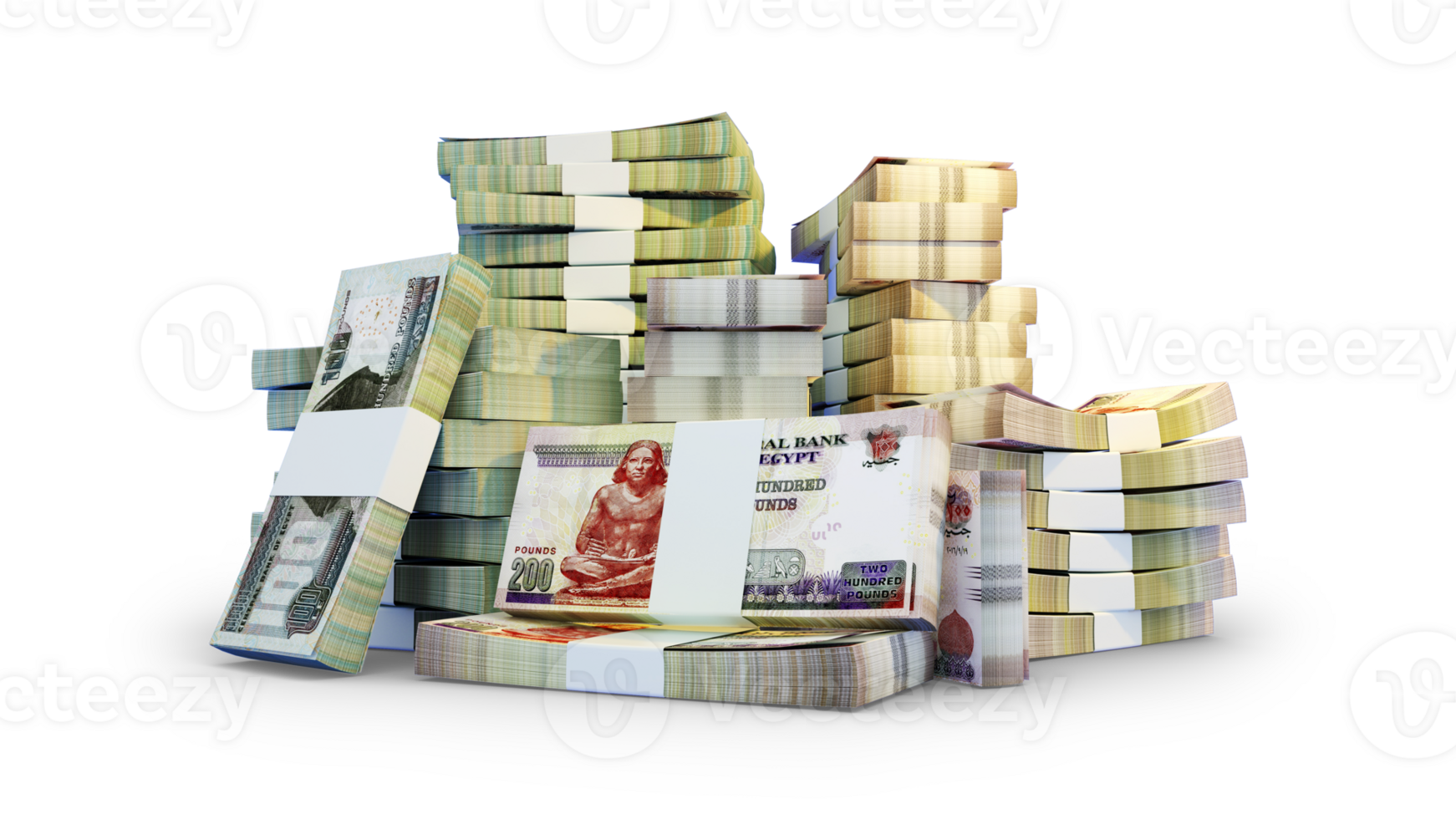 Stacks of Egyptian pound notes. A lot of money isolated on transparent background. 3d rendering of bundles of cash png