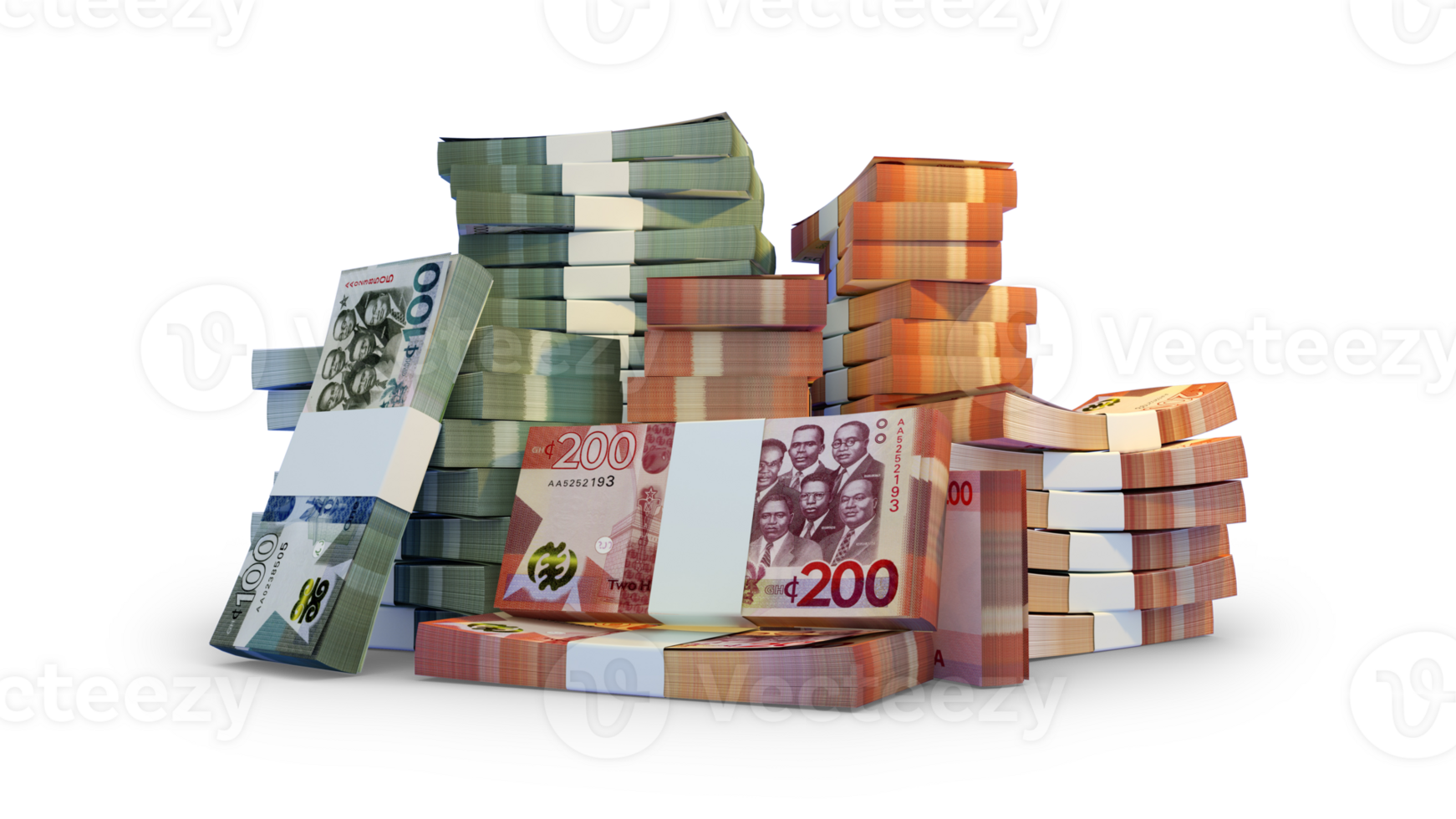 stapels van Ghanees cedi notities. een veel van geld geïsoleerd Aan transparant achtergrond. 3d renderen van bundels van contant geld png