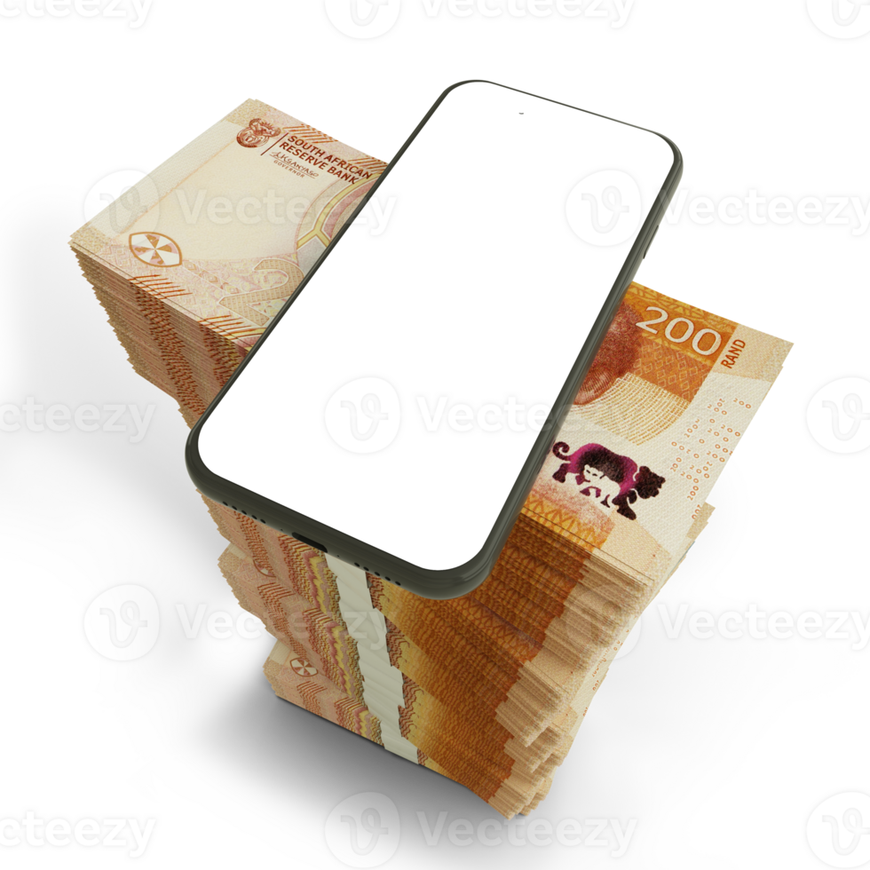 3D rendering of mobile phone with blank screen on top of stacks of South African Rand notes arranged in a long single column png