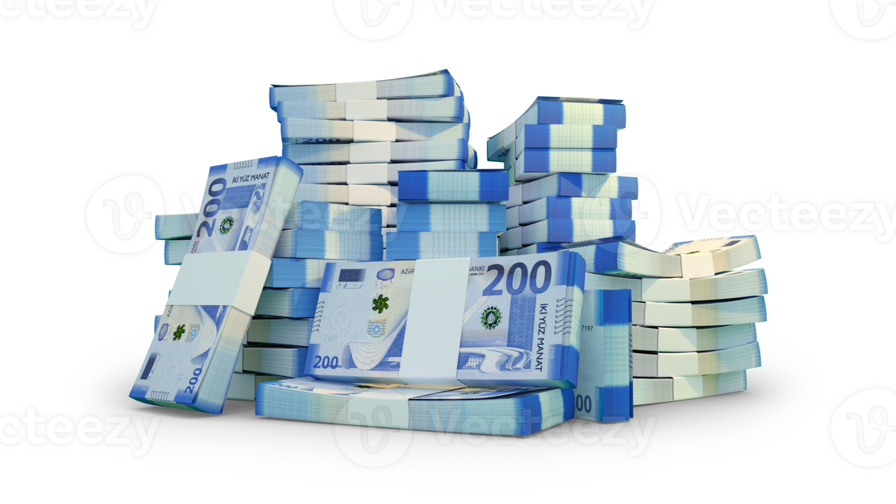Stacks of Azerbaijani manat notes. A lot of money isolated on transparent background. 3d rendering of bundles of cash png
