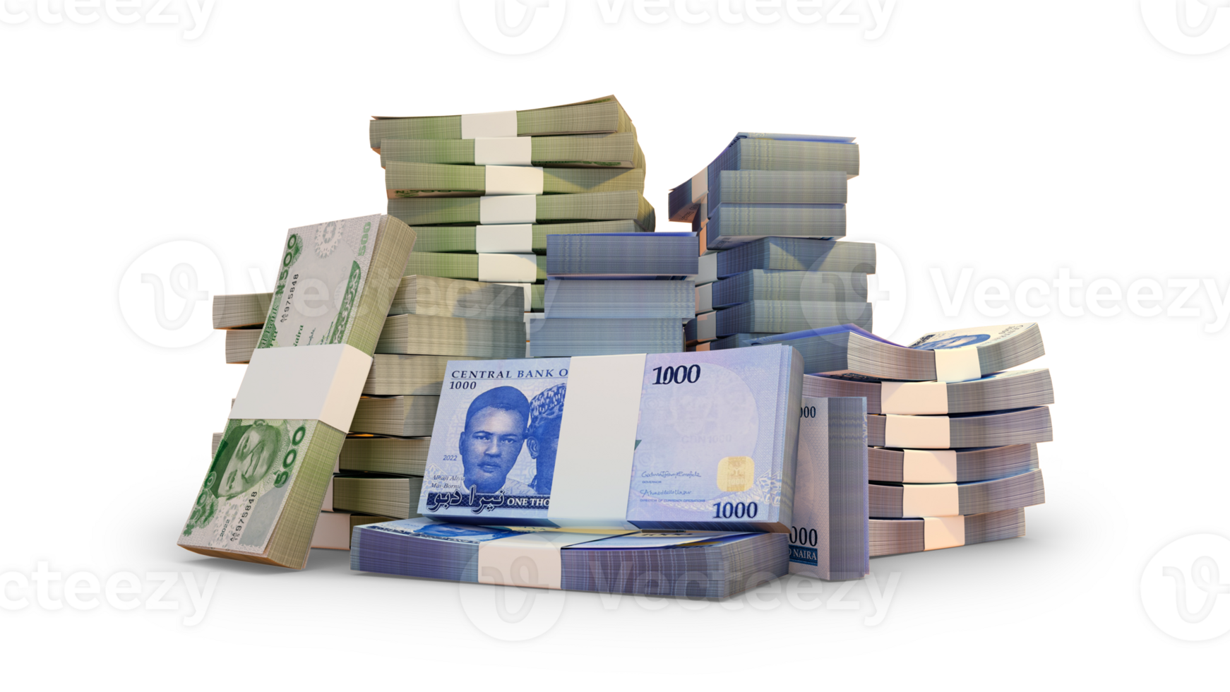 Stacks of Nigerian naira notes. A lot of money isolated on transparent background. 3d rendering of bundles of cash png