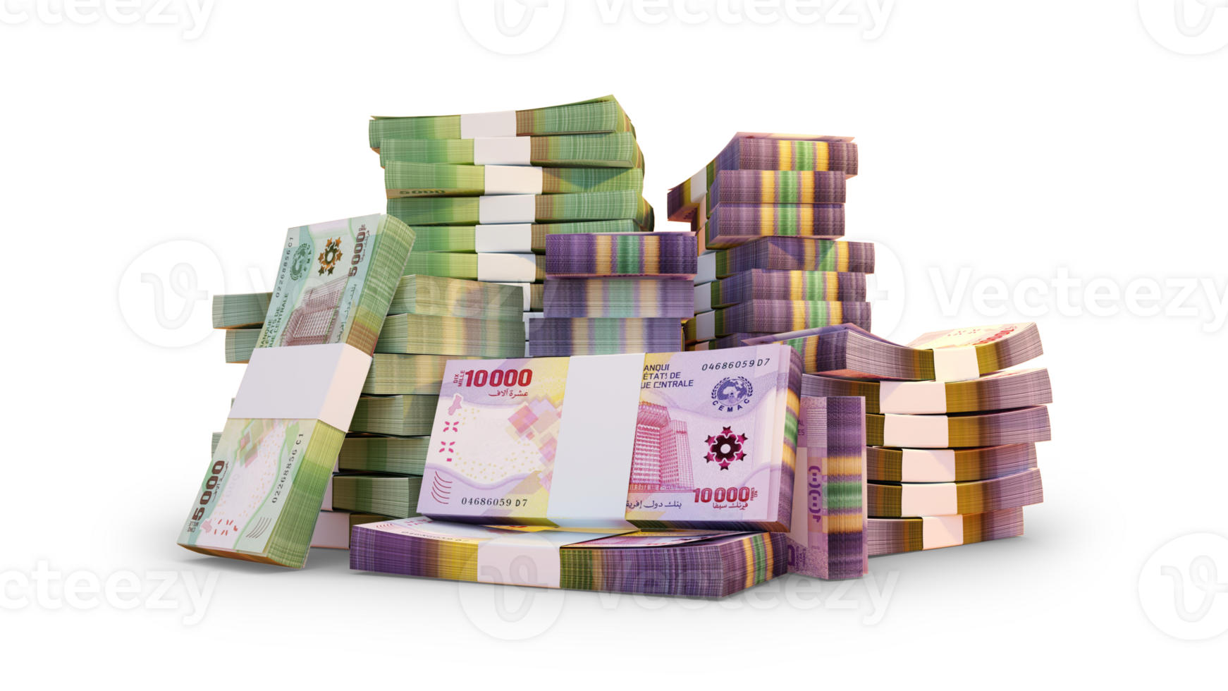 Stacks of Central African CFA Franc notes. A lot of money isolated on transparent background. 3d rendering of bundles of cash png