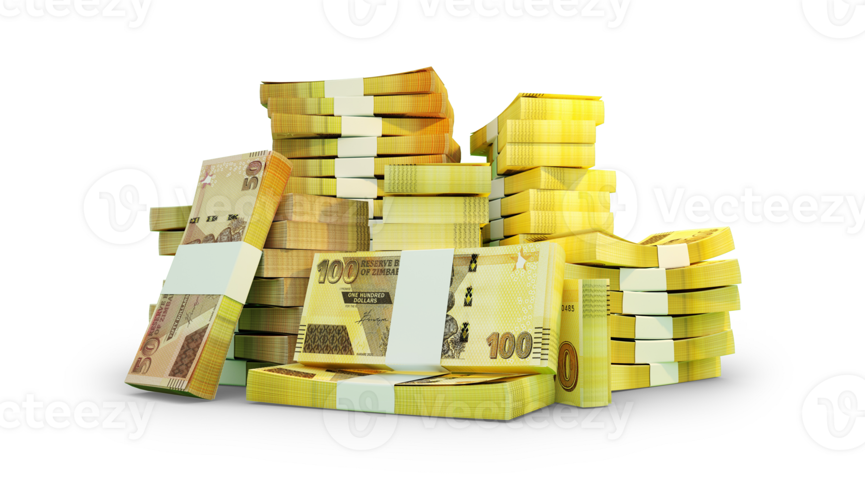 Stacks of Zimbabwean dollar notes. A lot of money isolated on transparent background. 3d rendering of bundles of cash png