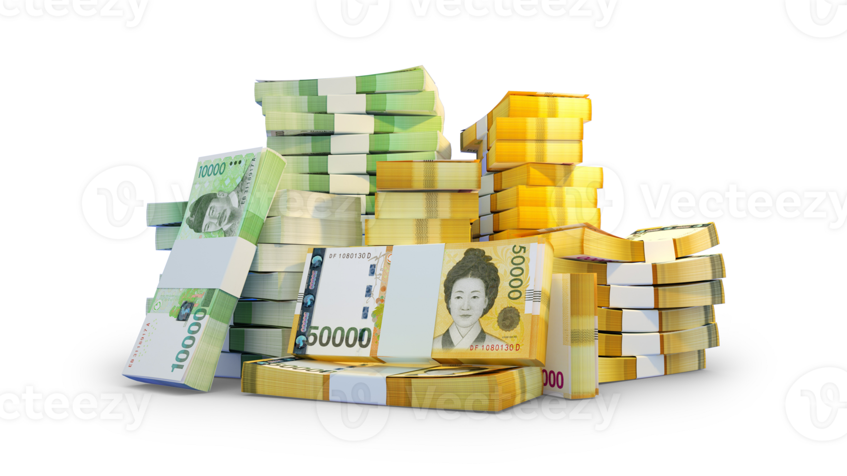 Stacks of South Korean won notes. A lot of money isolated on transparent background. 3d