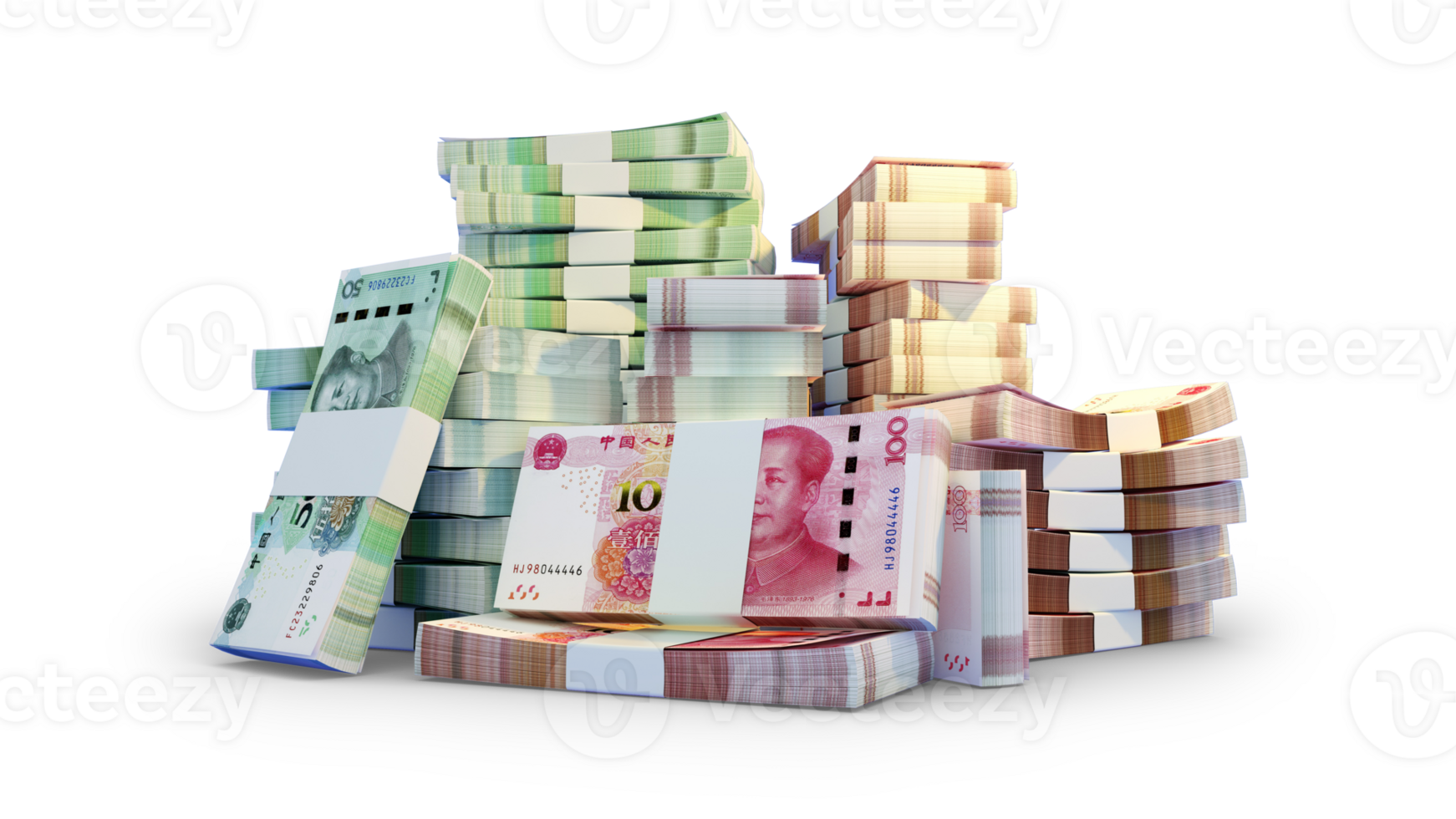 Stacks of Chinese Yuan notes. A lot of money isolated on transparent background. 3d rendering of bundles of cash png