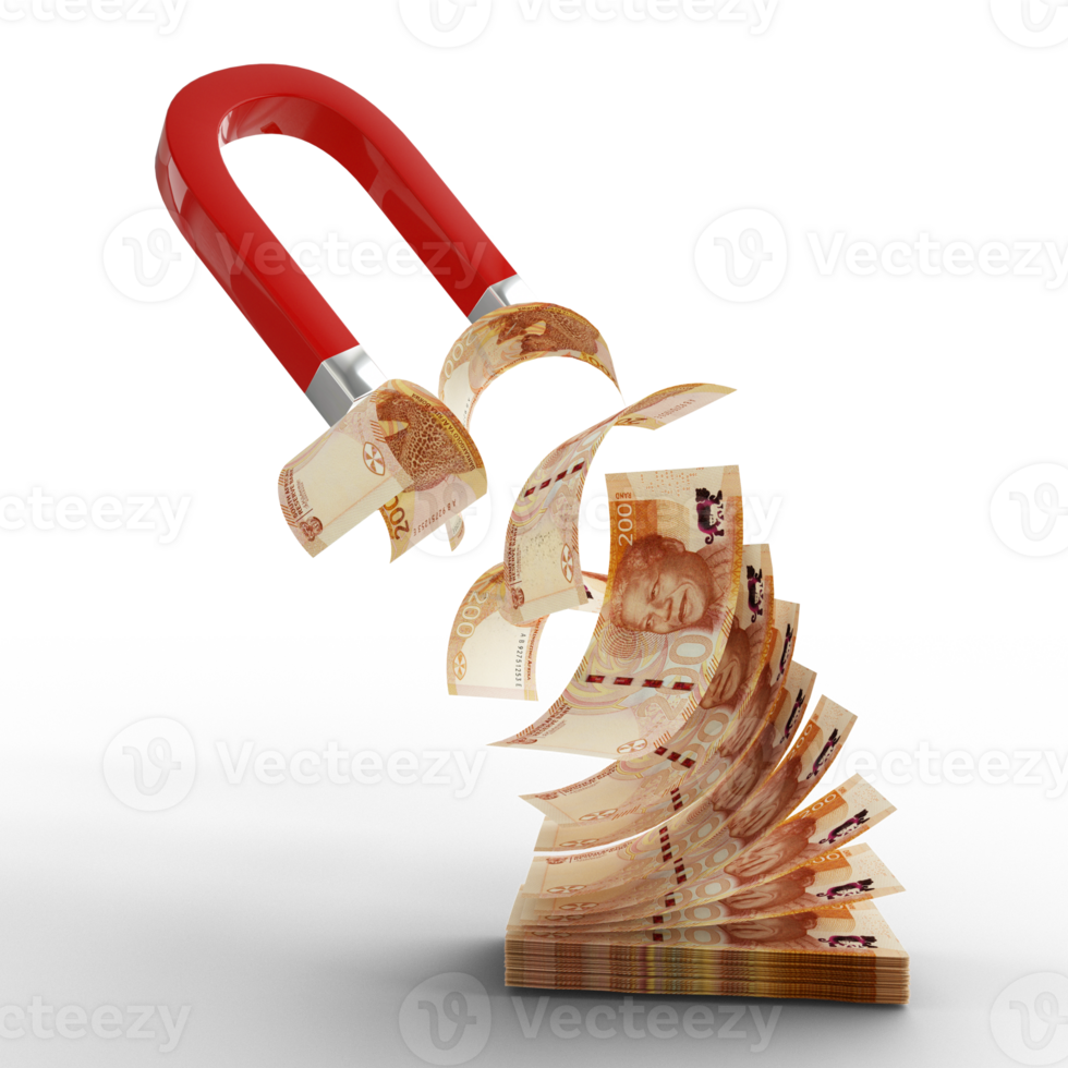 3D rendering of Horseshoe magnet attracting South African rand notes isolated on  transparent background. Attracting money concept. Strategy for a successful business png