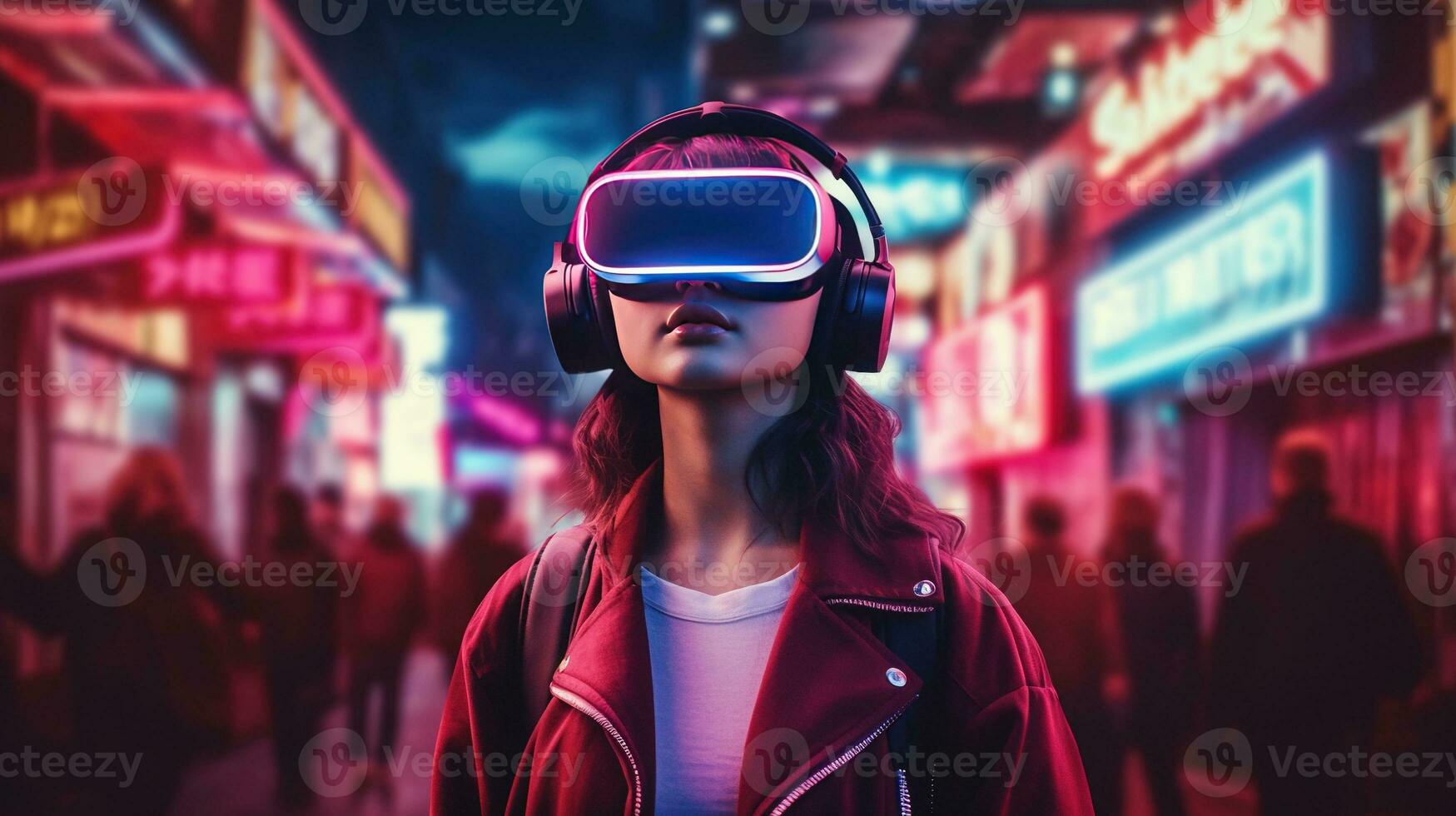 Generative AI, beautiful woman in VR glasses in neon space street, virtual reality headset  in cyberspace photo