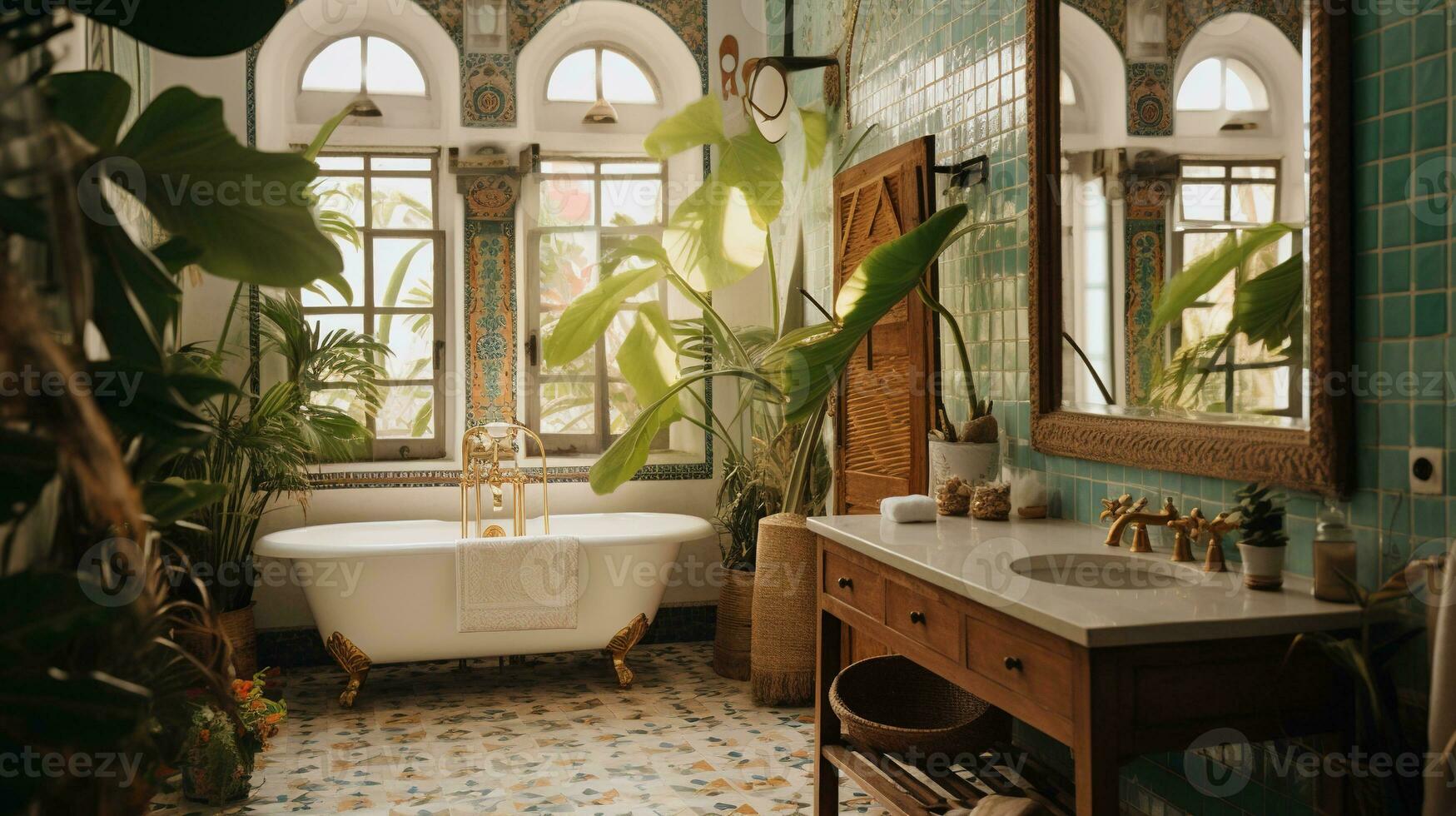 Generative AI, retro boho hotel bathroom, Puerto Rico style. Bright colors and plants photo