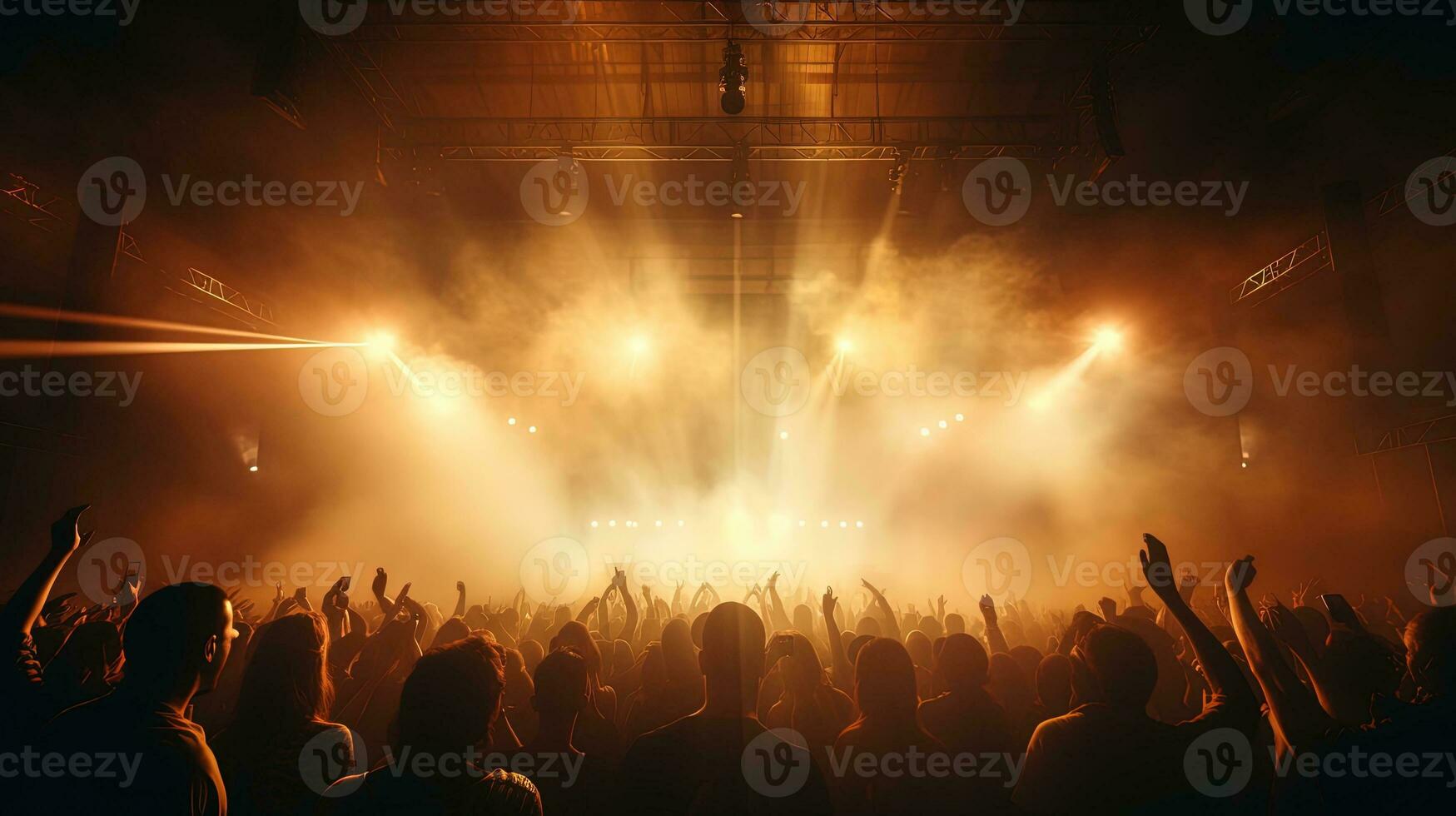 Generative AI, People crowd on music rock festival concert in stadium, big stage lit by spotlights. photo