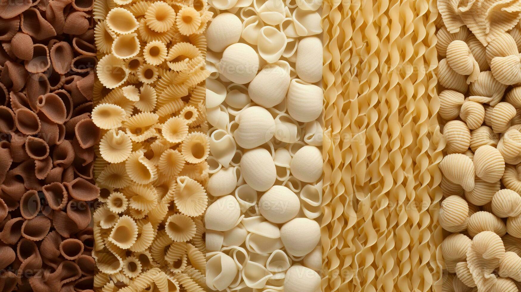 Generative AI, Variety of types, colors and shapes of Italian pasta, texture background photo