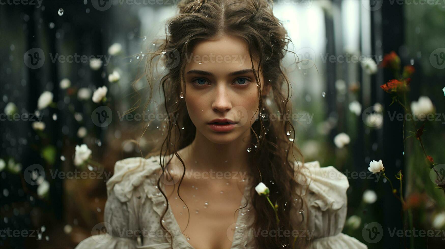 Generative AI, Beautiful girl with no make up in the autumn garden, aesthetic, muted neutral colors photo