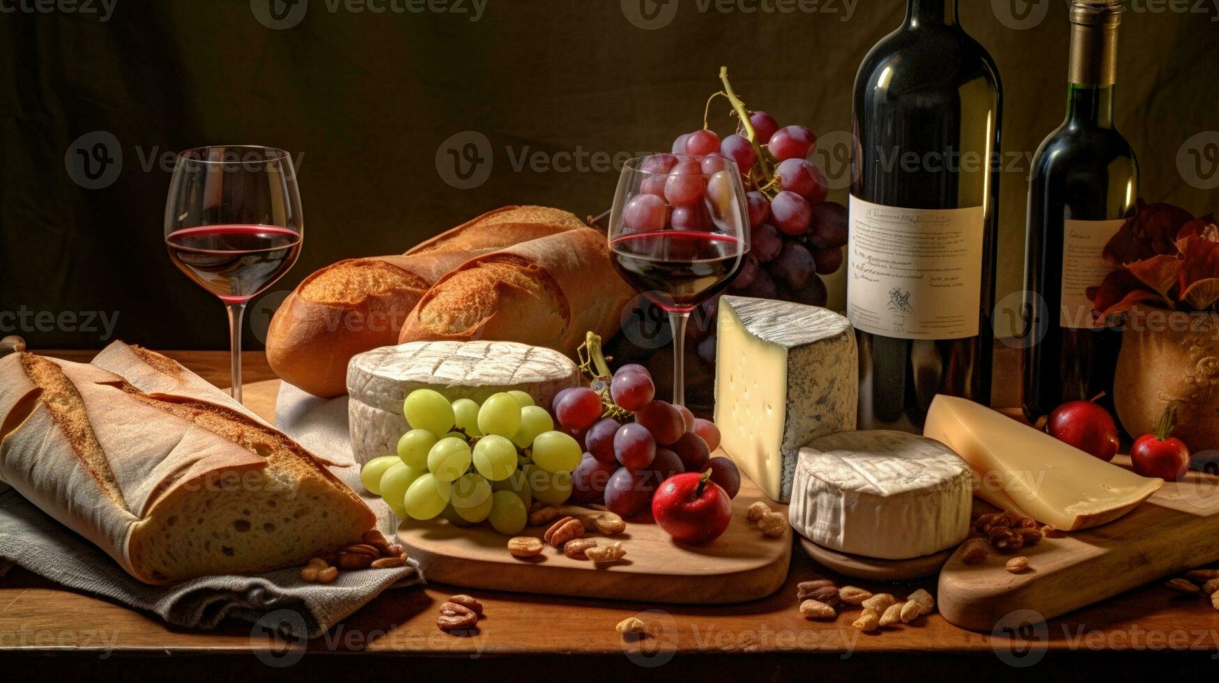 Generative AI, wine still life with grapes, rosemary, prosciutto, blue cheese, figs, bread. photo