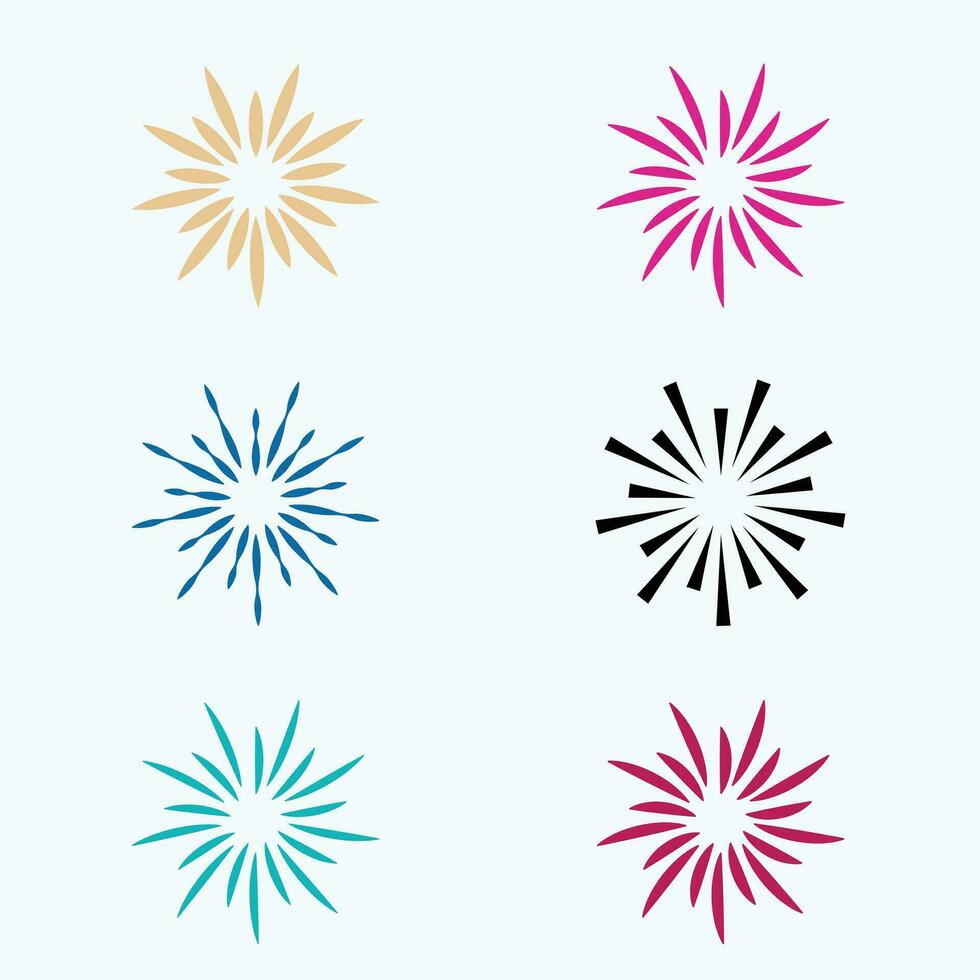 Set of fireworks sunburst and rays of sun. Design elements, linear drawing, vintage hipster style. Set light rays sunburst different size and saturation on dark backround. Vector Illustration