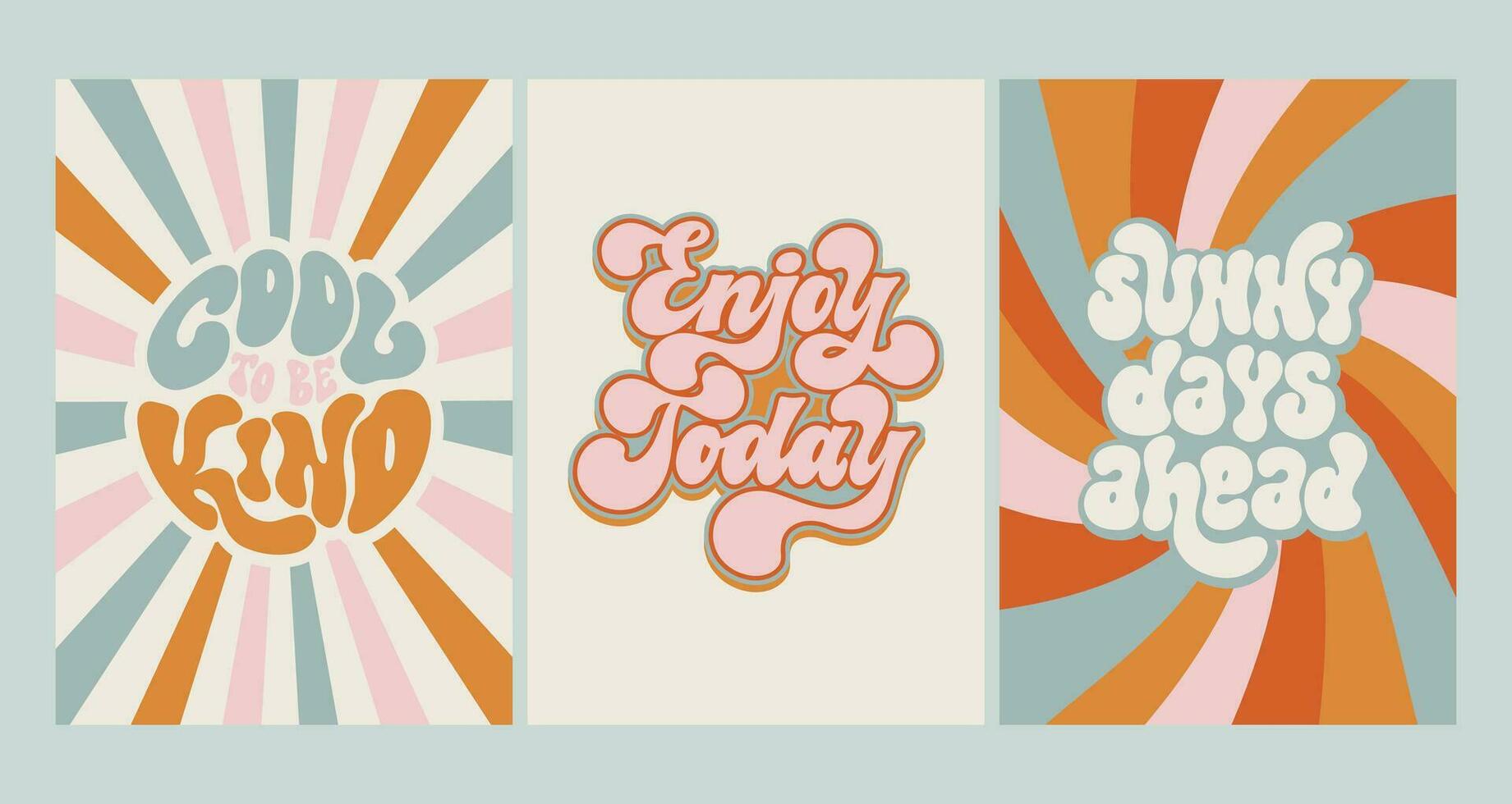 conjunto de 3 maravilloso póster diseños con mano escrito letras positivo citas. ondulado arco iris retro colores antecedentes. de moda 60s 70s póster diseño. Clásico tipografía. vector