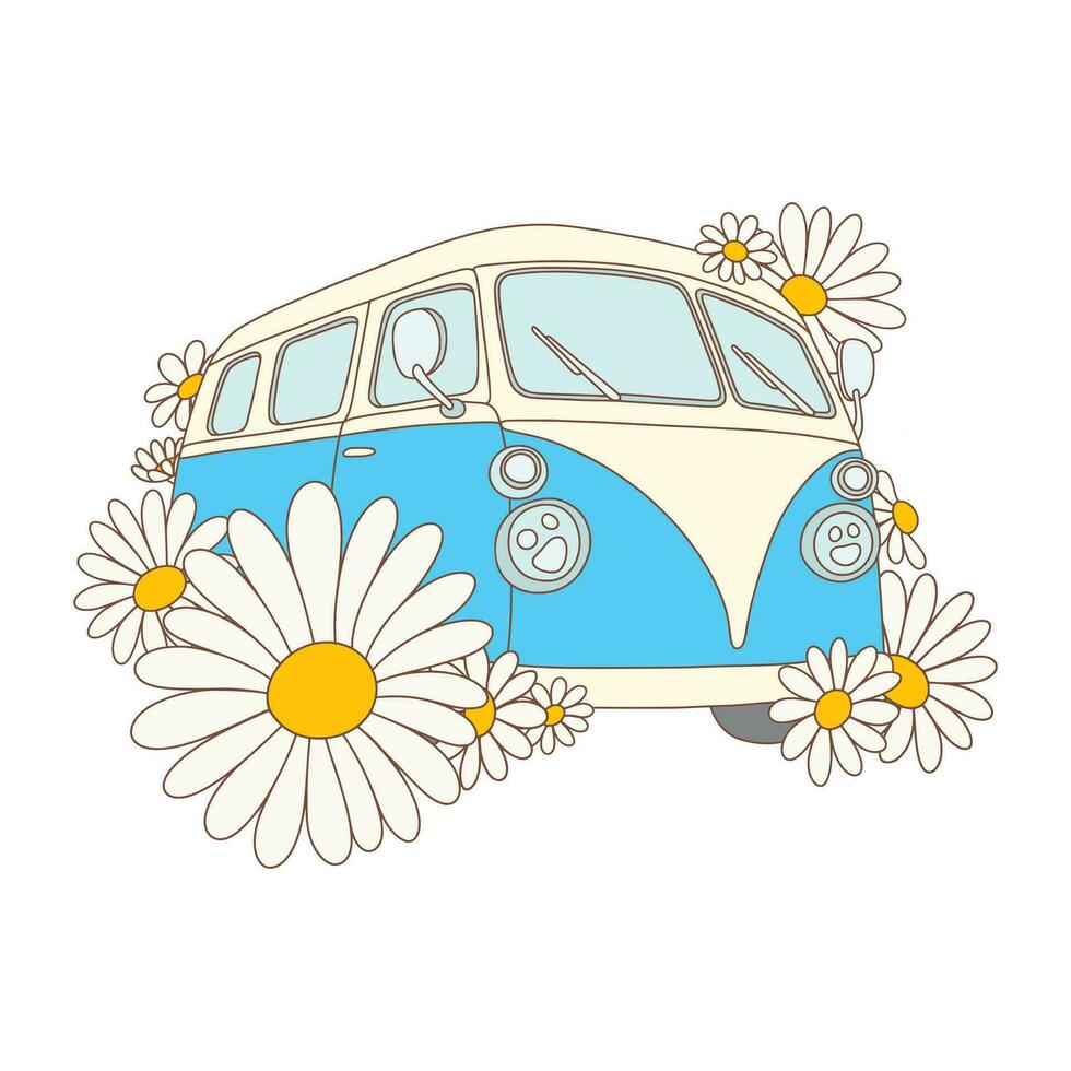 Retro hand drawn camper with daisy flowers around. Outline vector groovy illustration.