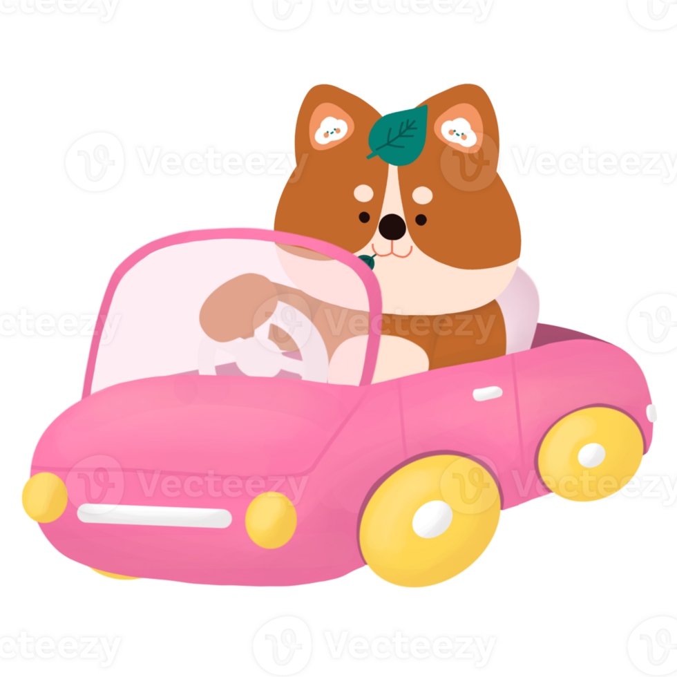 Cute dog drives a pink car png