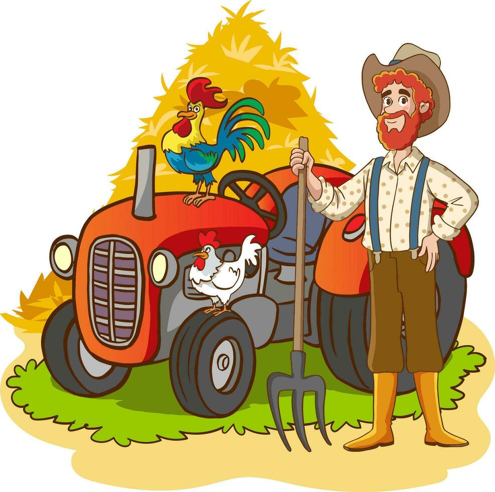 ilustración de un granjero con un pollo y un tractor. vector
