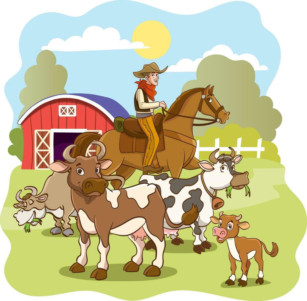 Cowboy and farm animals. Vector illustration of a cartoon style.