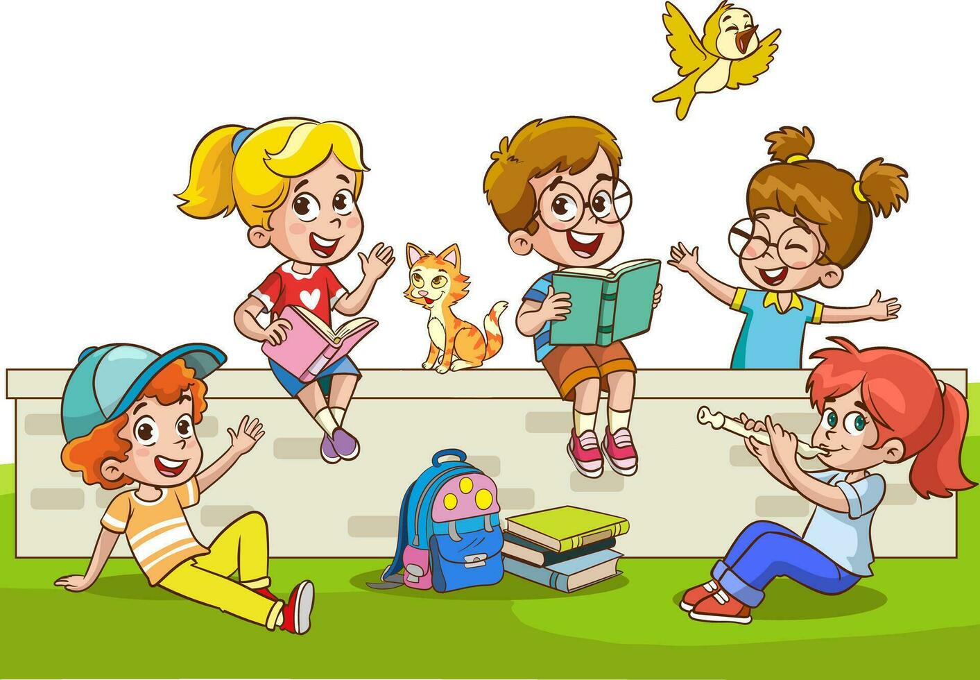 Little School Children reading books and having fun in the garden vector