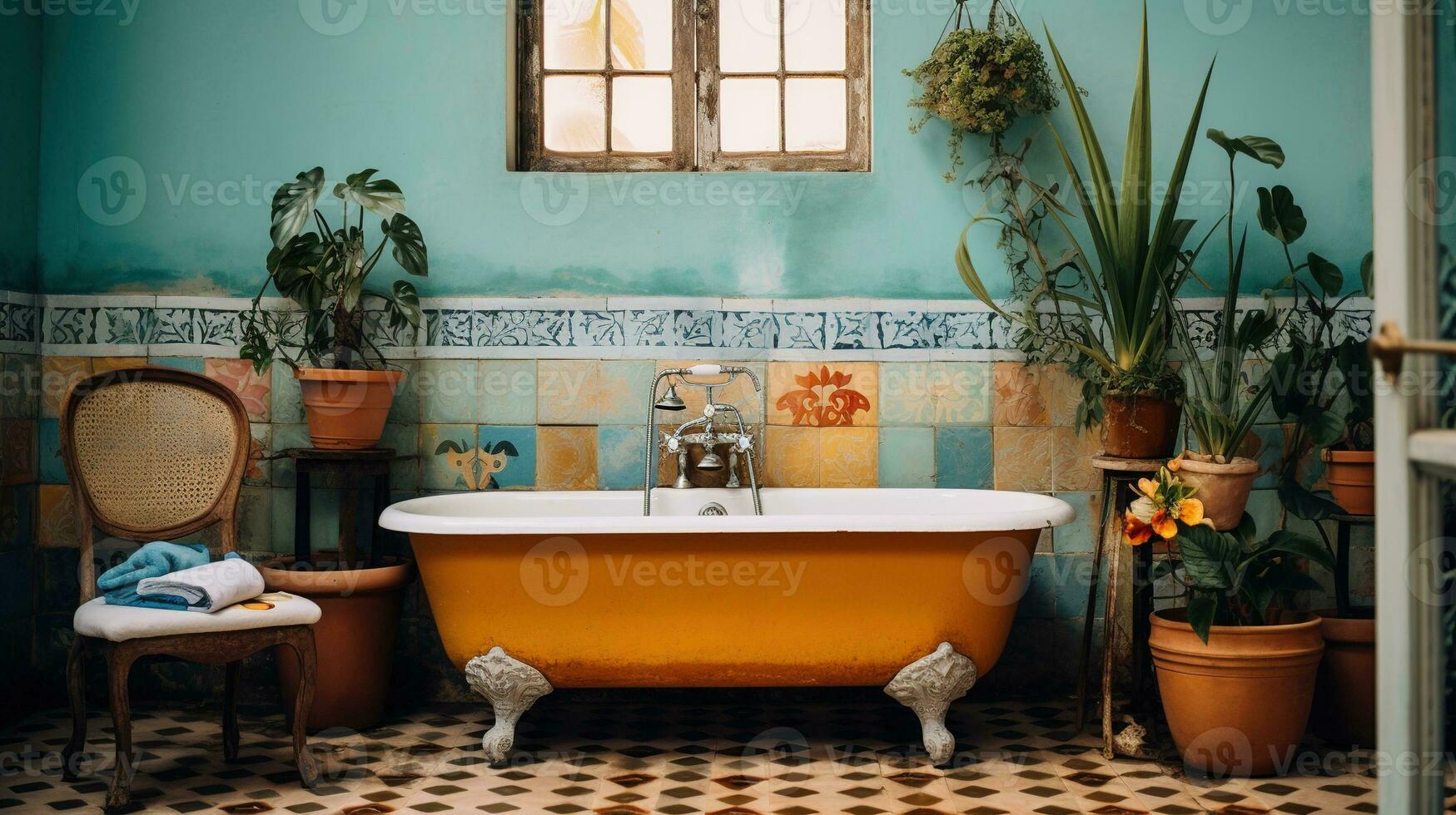 Generative AI, retro boho hotel bathroom, Puerto Rico style. Bright colors and plants photo