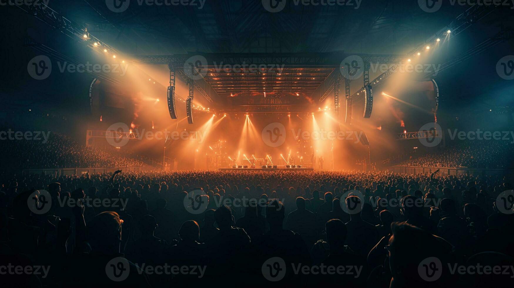 Generative AI, People crowd on music rock festival concert in stadium, big stage lit by spotlights. photo