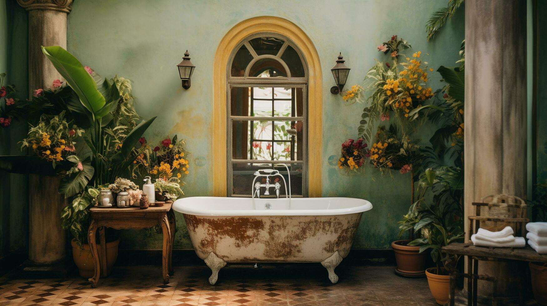 generativo ai, retro boho hotel baño, puerto rico estilo. brillante colores y plantas foto