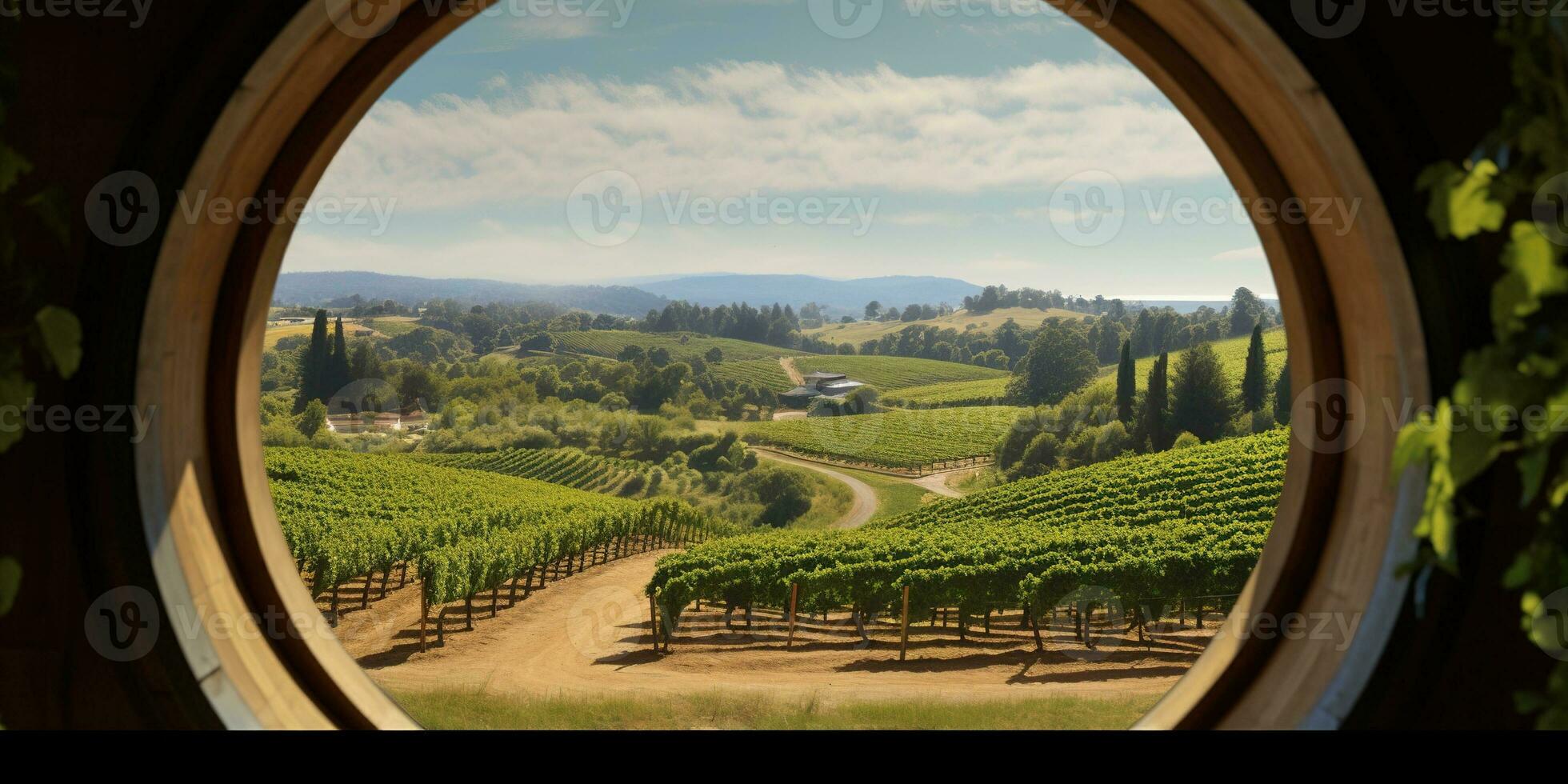 Generative AI, beautiful vineyard with wooden barrels, green landscape. Rows of vines on sunset photo