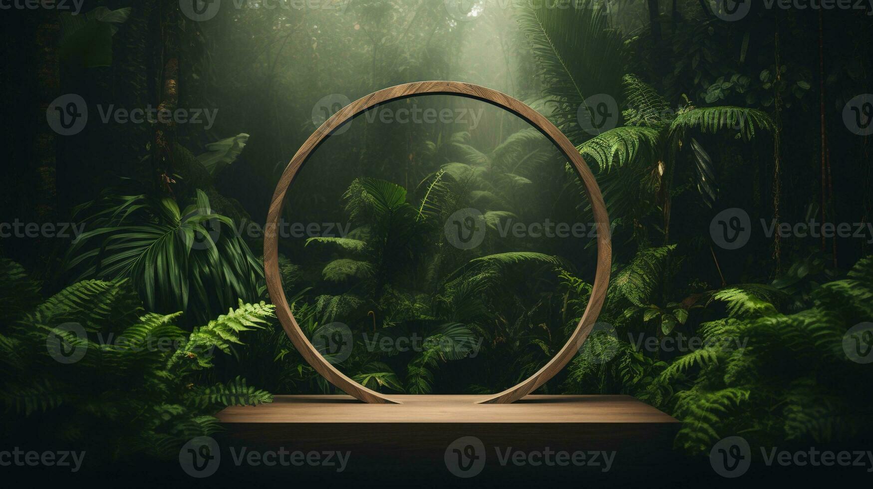 Generative AI, Empty circle wooden frame and tropical leaves on jungle background. For product display. photo