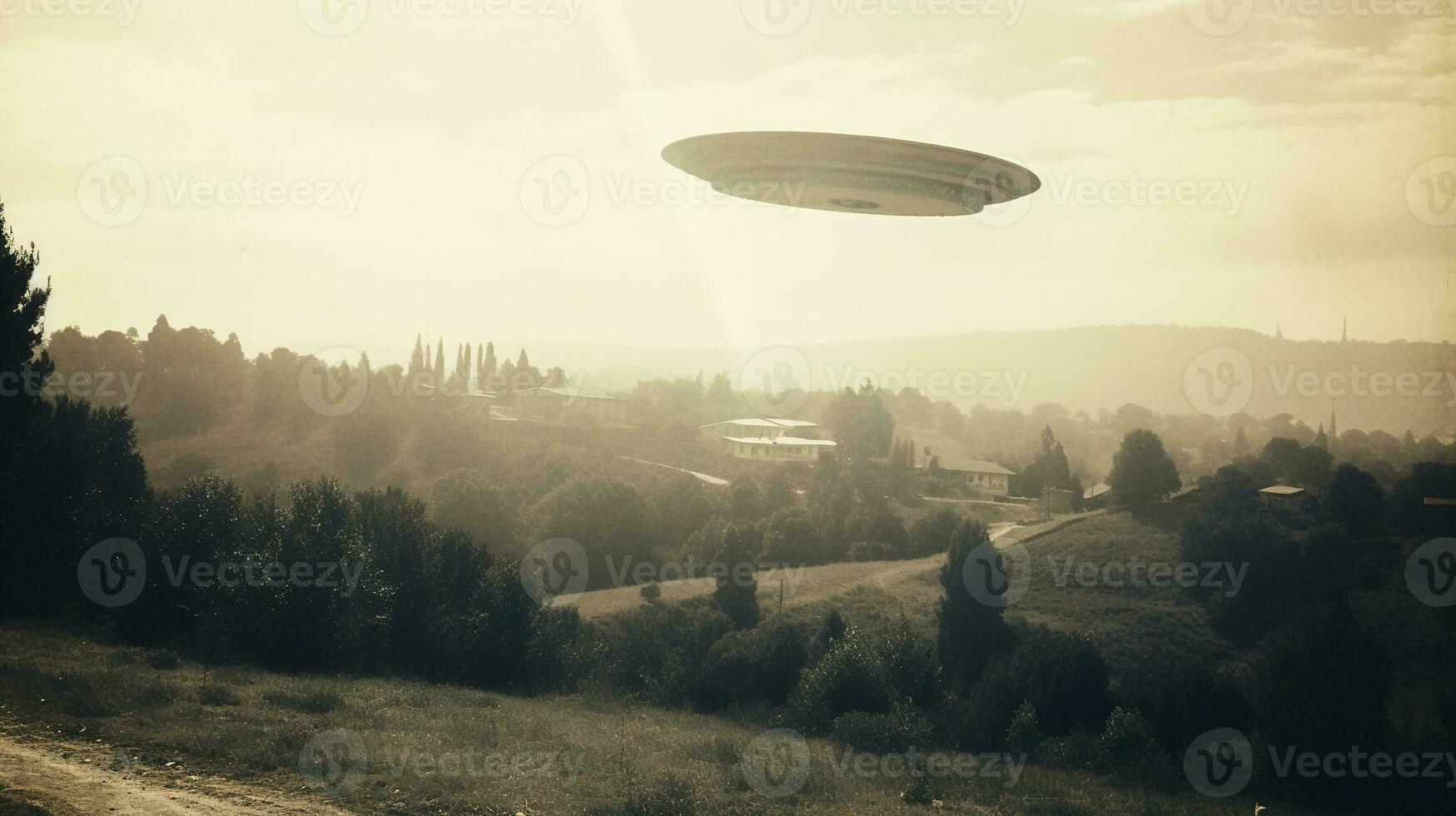 Generative AI, UFO over the Italian landscape vintage photo, aliens witnesses retro 1930s style photography photo