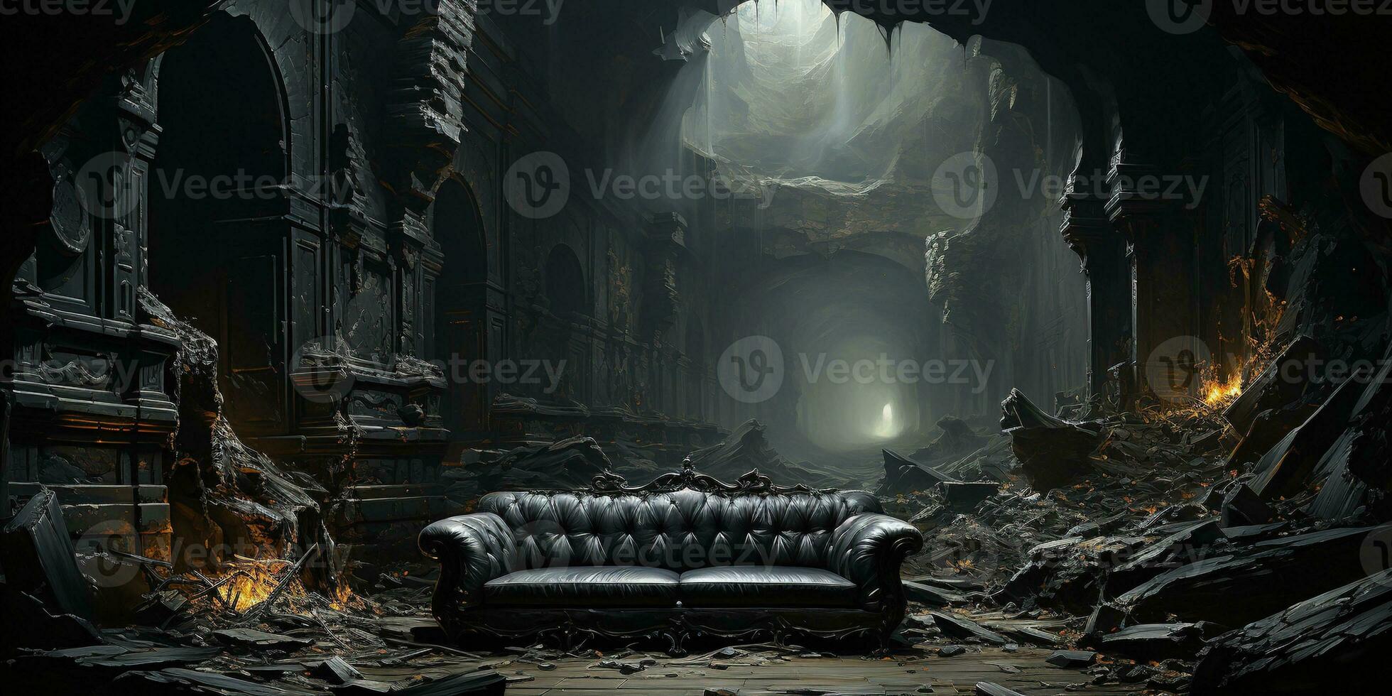 Generative AI, gothic ruined black interior and landscape  in the style of gloomy fantasy photo