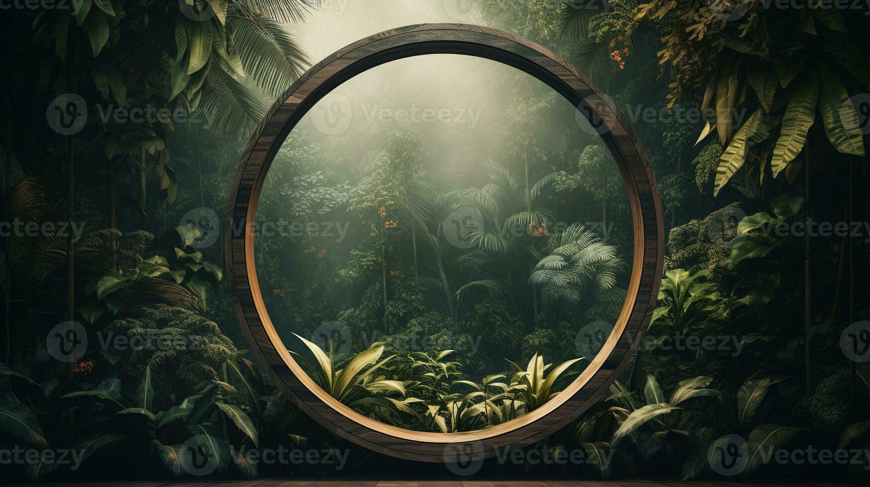 Generative AI, Empty circle wooden frame and tropical leaves on jungle background. For product display. photo
