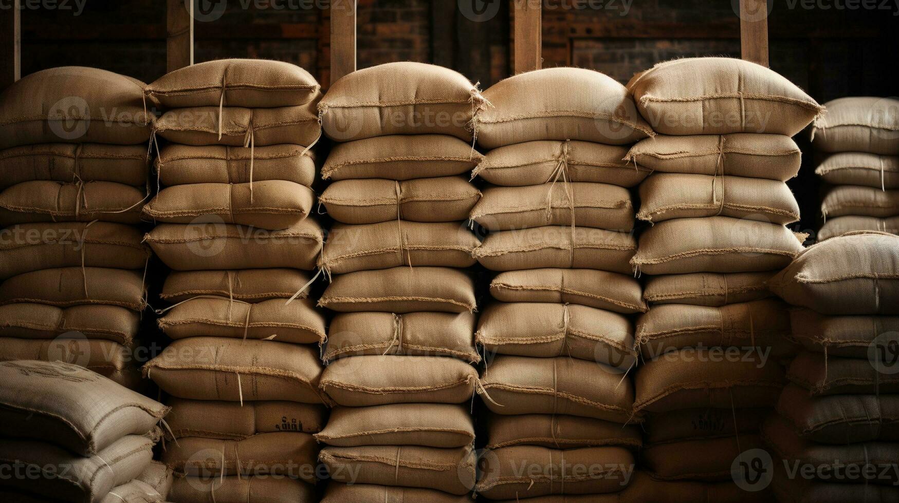 Generative AI, Stack hemp sacks of rice or coffee, industrial storage photo