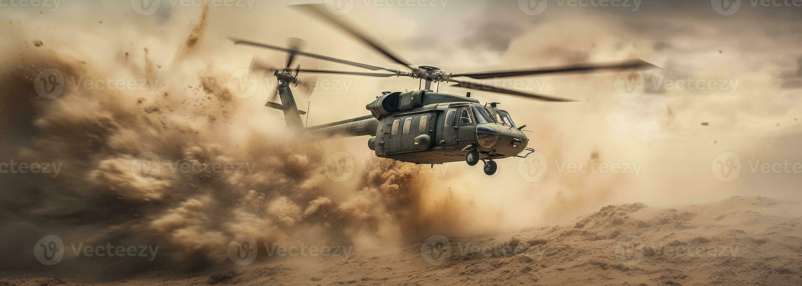 Generative AI, military helicopter takes off in thick dust clouds. photo