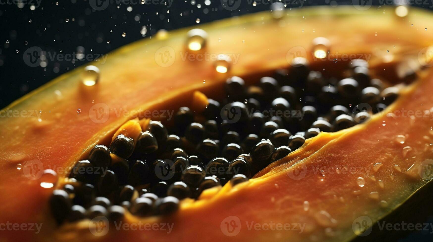 generativo ai, macro Fresco medio de papaya Fruta antecedentes. tropical exótico de cerca foto con gotas