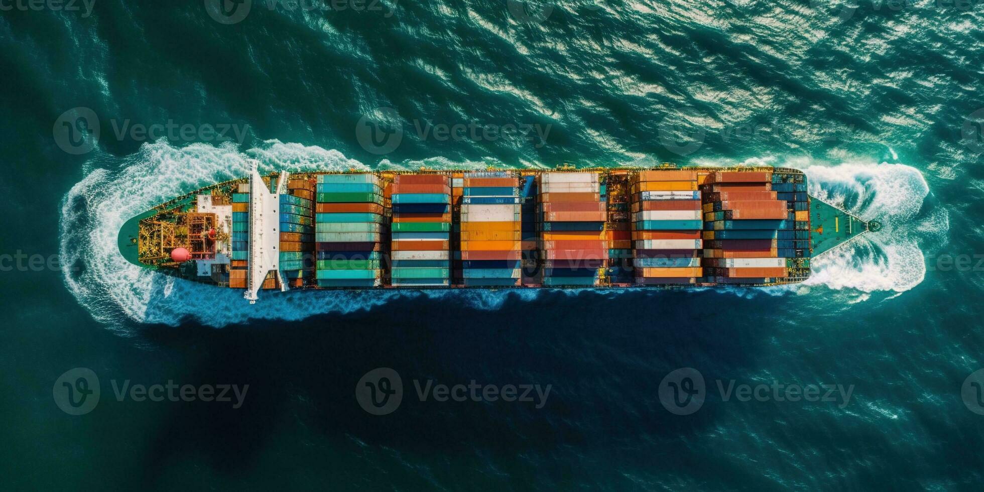 Generative AI, container ship in import export and business logistic. Aerial view, water transport, cargo shipping in open sea. photo