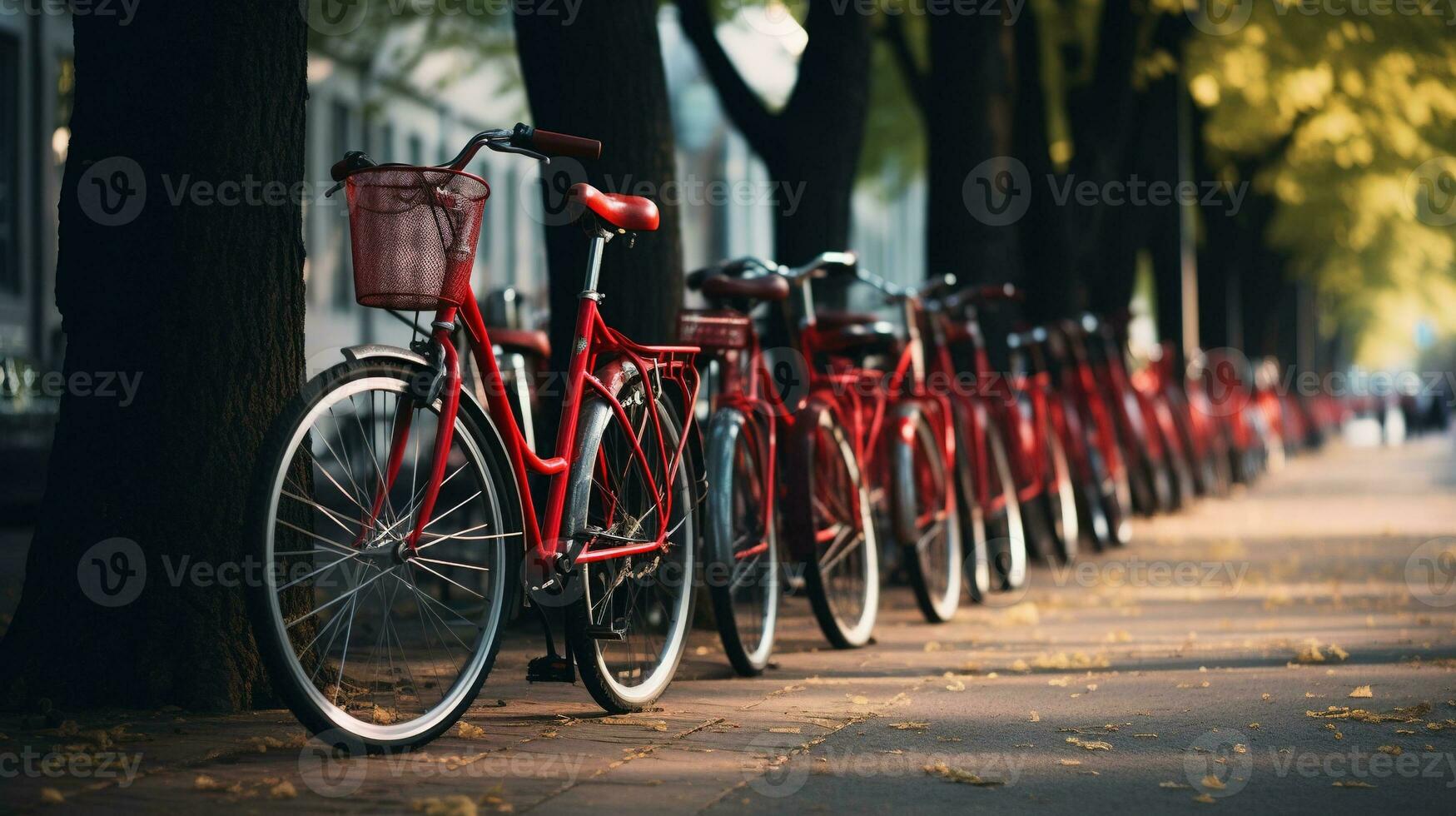 Generative AI, Bike sharing system, many red city bikes parked. Healthy ecology urban transportation. photo