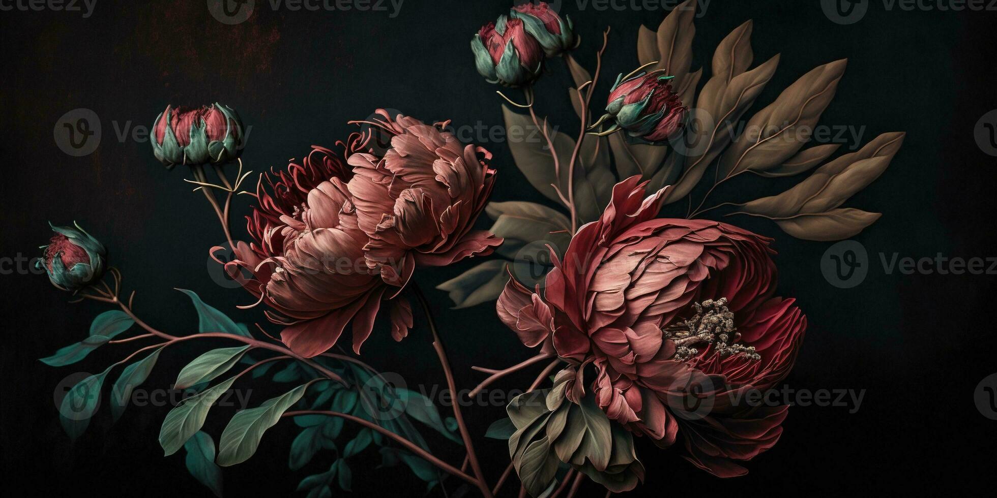 Generative AI, Close up of blooming flowerbeds of amazing red color flowers on dark moody floral textured background. Photorealistic effect.. photo